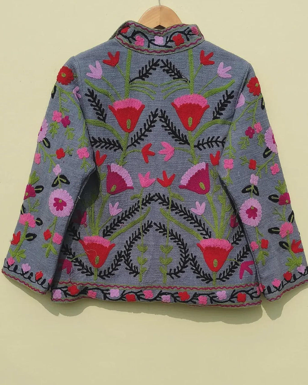 Grey Suzani Velvet Short Jacket | Vintage Button Winter Coat | Short Ethnic Jacket | Spring Bomber Jacket | Gift For Her | Suzani Outerwear