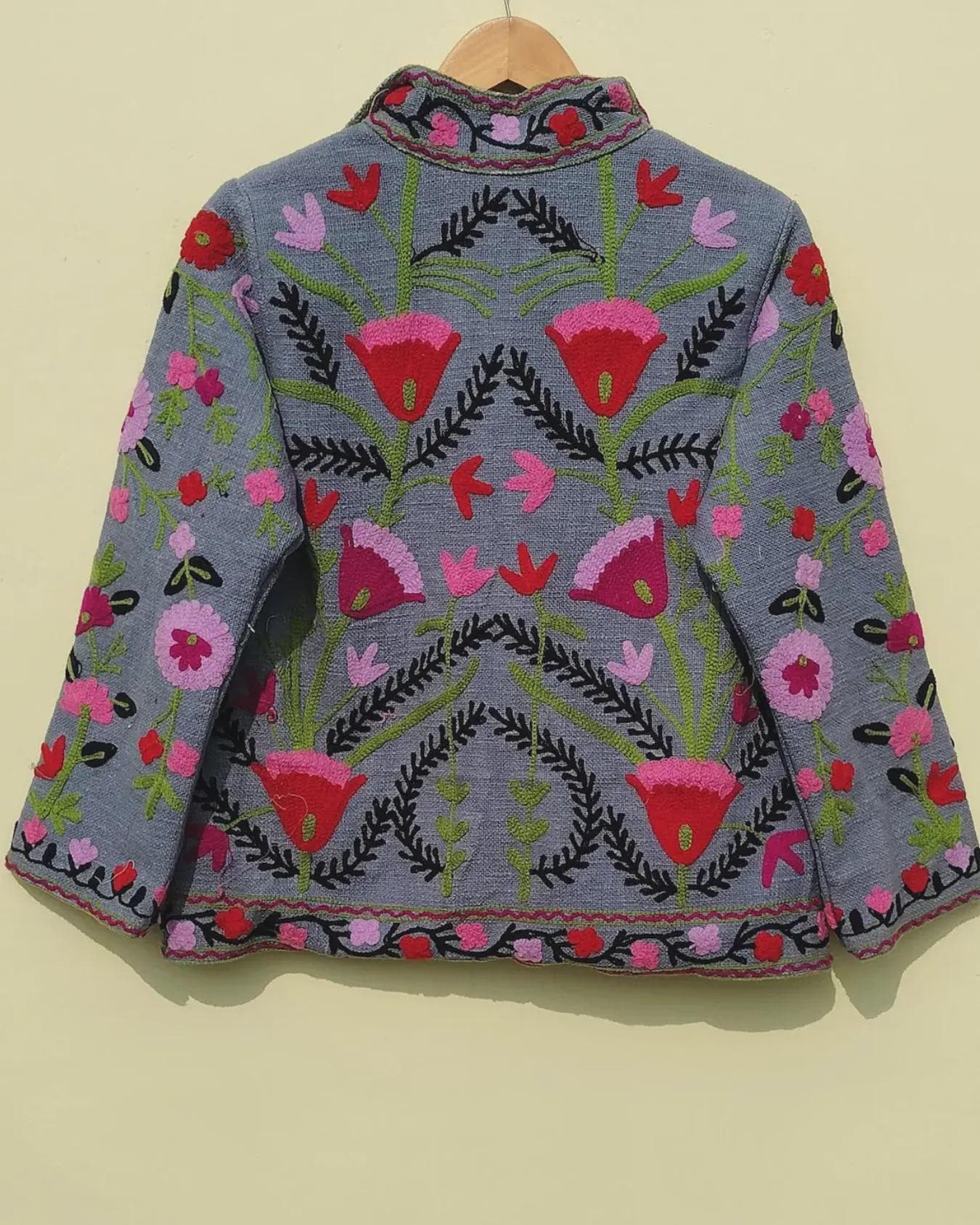 Grey Suzani Velvet Short Jacket | Vintage Button Winter Coat | Short Ethnic Jacket | Spring Bomber Jacket | Gift For Her | Suzani Outerwear