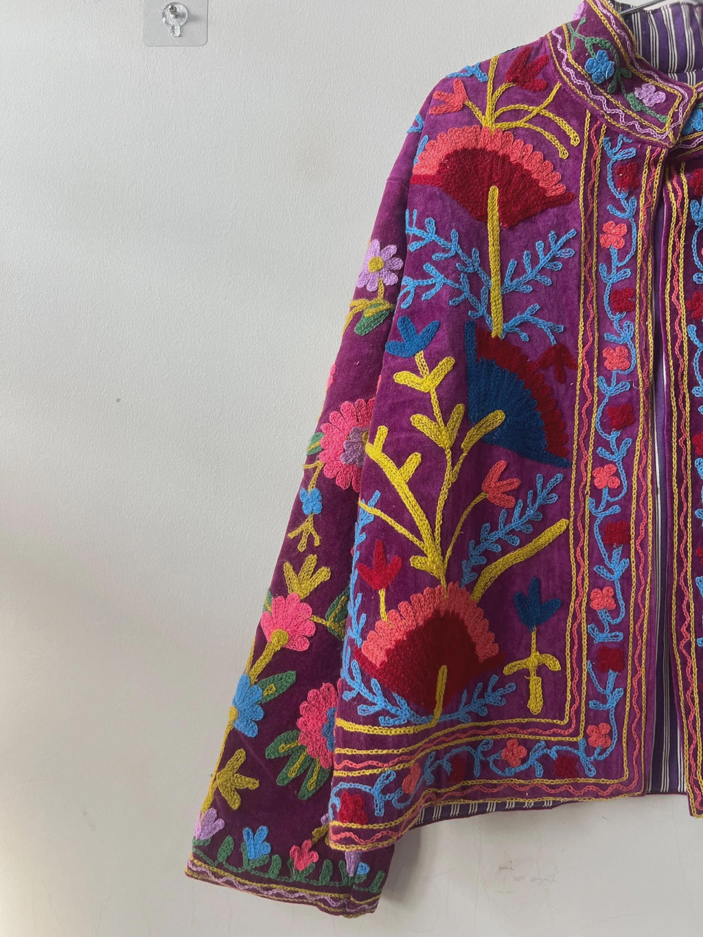 Bohemian Velvet Suzani Embroidered Coat | Floral Statement Jacket | Ethnic Duster Outerwear | Bomber Style Jacket |Gift For her