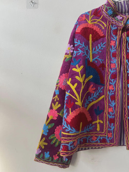 Bohemian Velvet Suzani Embroidered Coat | Floral Statement Jacket | Ethnic Duster Outerwear | Bomber Style Jacket |Gift For her