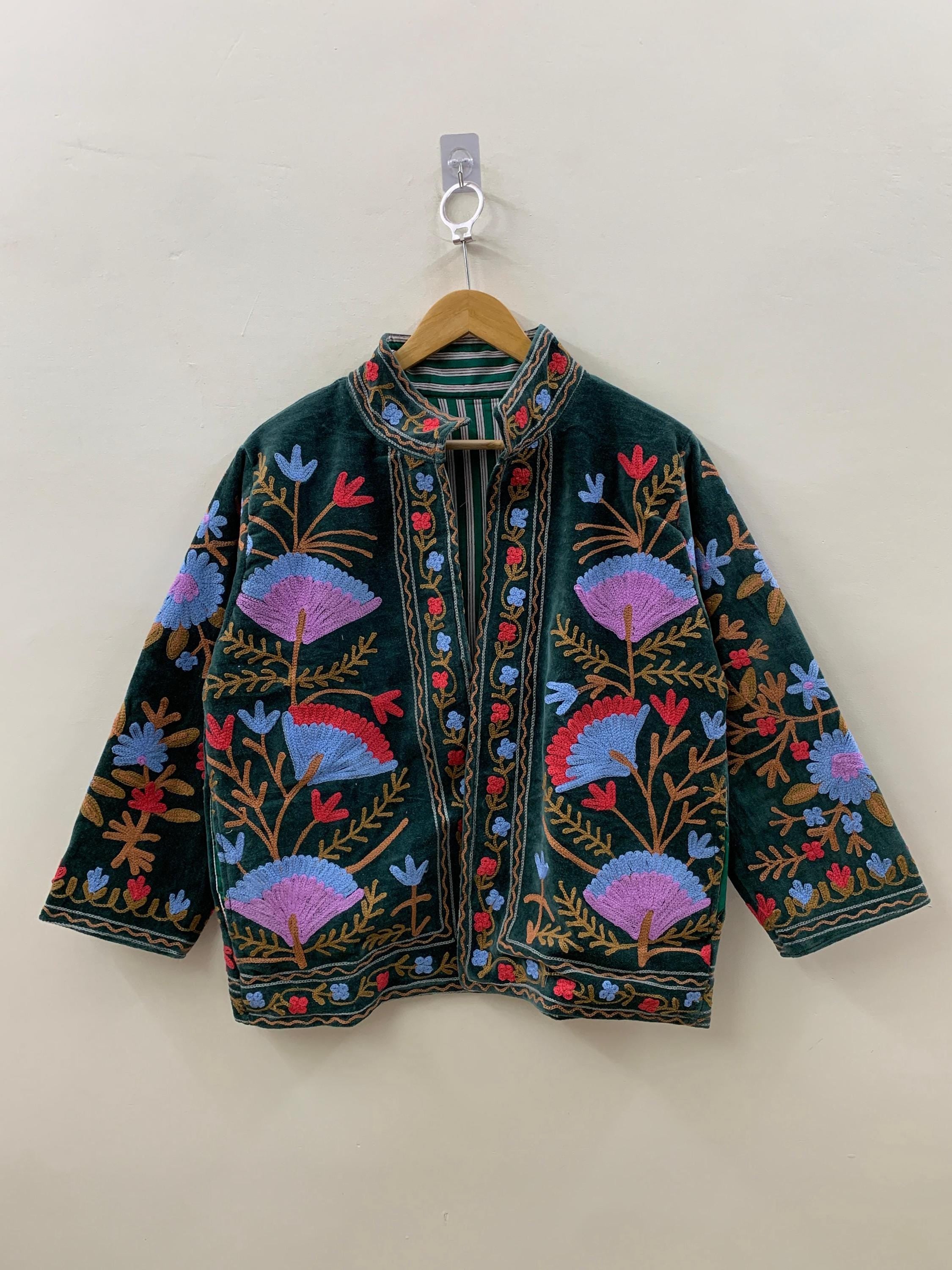 Green Suzani Embroidered Short Velvet Jacket |Festival Handmade Coat |Ethnic Artisan Outerwear | Bohemian Velvet Jacket for Women |Gift Idea