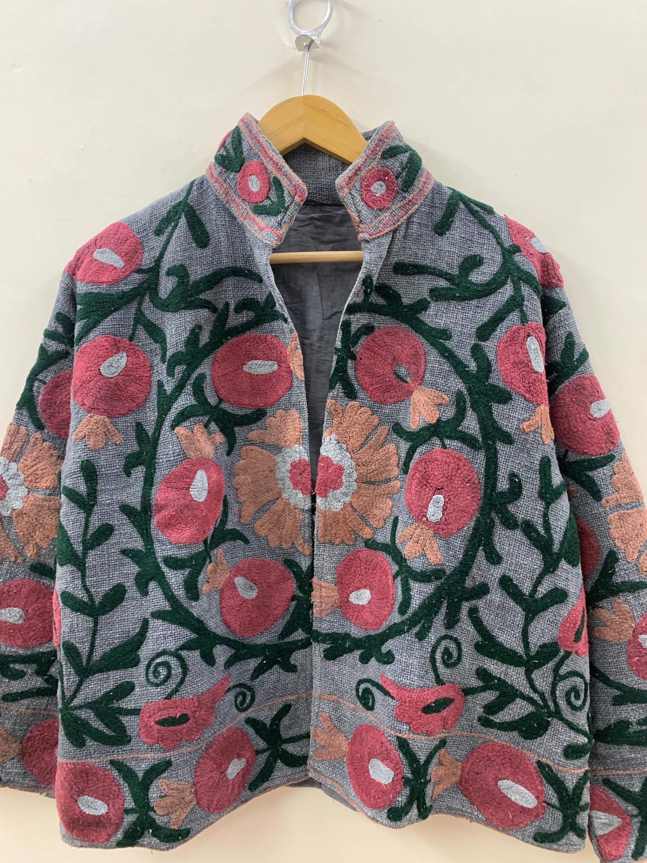 Grey TNT Fabric Suzani Jacket | Boho Coat| Gift For Her| Suzani Embroidery Jacket | Winter Wear Coat | Women's Coat | Suzani Short Jacket