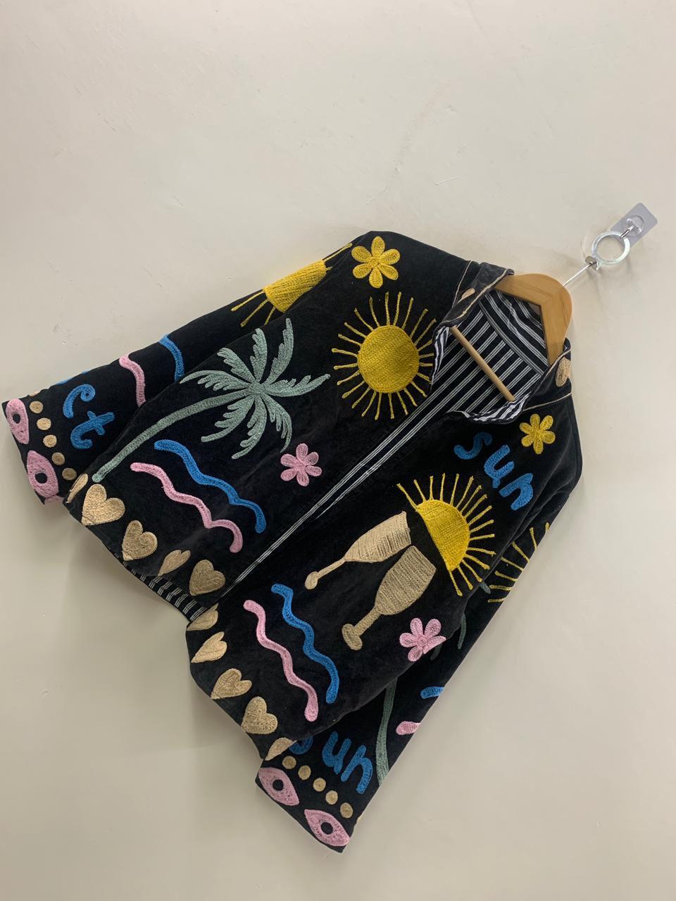 Black Unique Velvet Suzani Short Jacket |Embroidered Statement Coat | Sun, Palm, Moon & Heart Design | Colorful Festival Jacket |Duster Coat