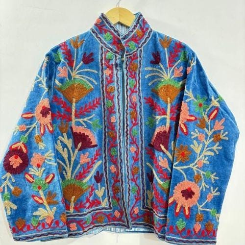 Velvet Suzani Hand Embroidered Jacket | Partywear Tailored Jacket |Bomber Coat | Hippie Jacket | 70s Style Coat | Gift For Her | Winter Coat