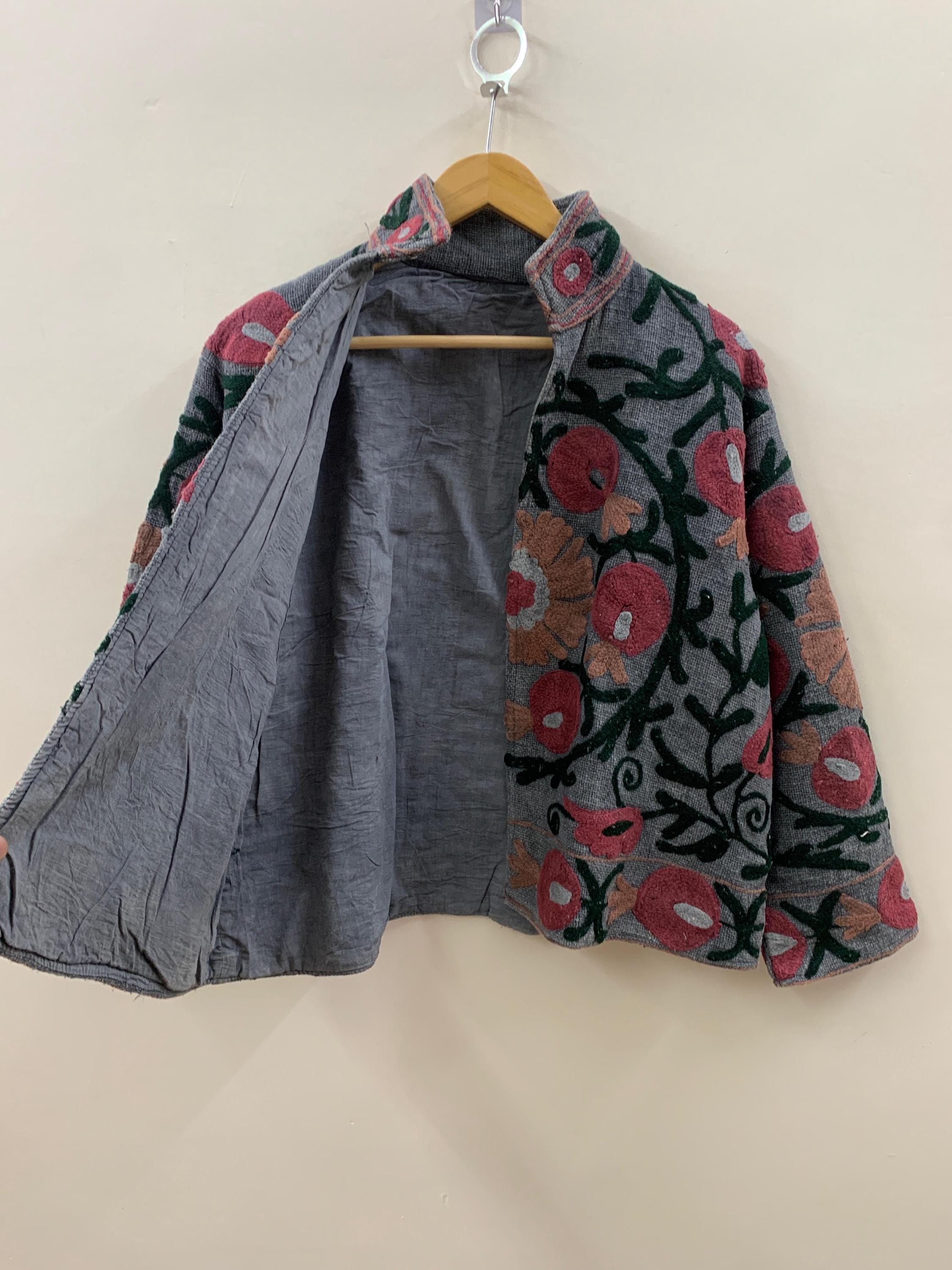 Grey TNT Fabric Suzani Jacket | Boho Coat| Gift For Her| Suzani Embroidery Jacket | Winter Wear Coat | Women's Coat | Suzani Short Jacket