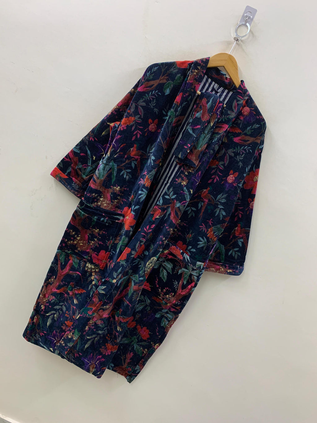 Dark Floral Velvet Kimono Robe | Navy Botanical Print Loungewear | Boho Dressing Gown with Belt | Women's Kimono Jacket | Soft Velvet Wrap