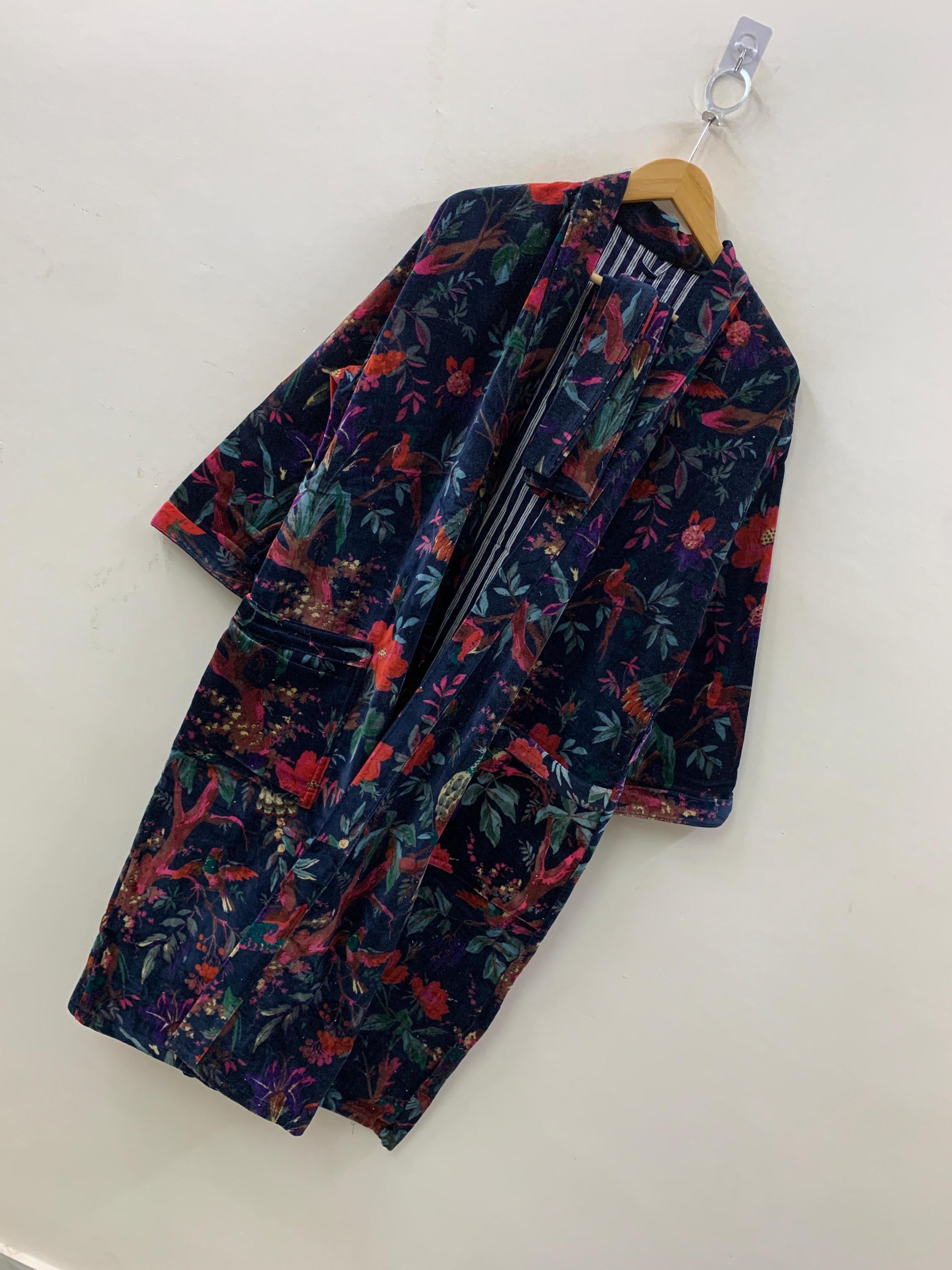 Dark Floral Velvet Kimono Robe | Navy Botanical Print Loungewear | Boho Dressing Gown with Belt | Women's Kimono Jacket | Soft Velvet Wrap