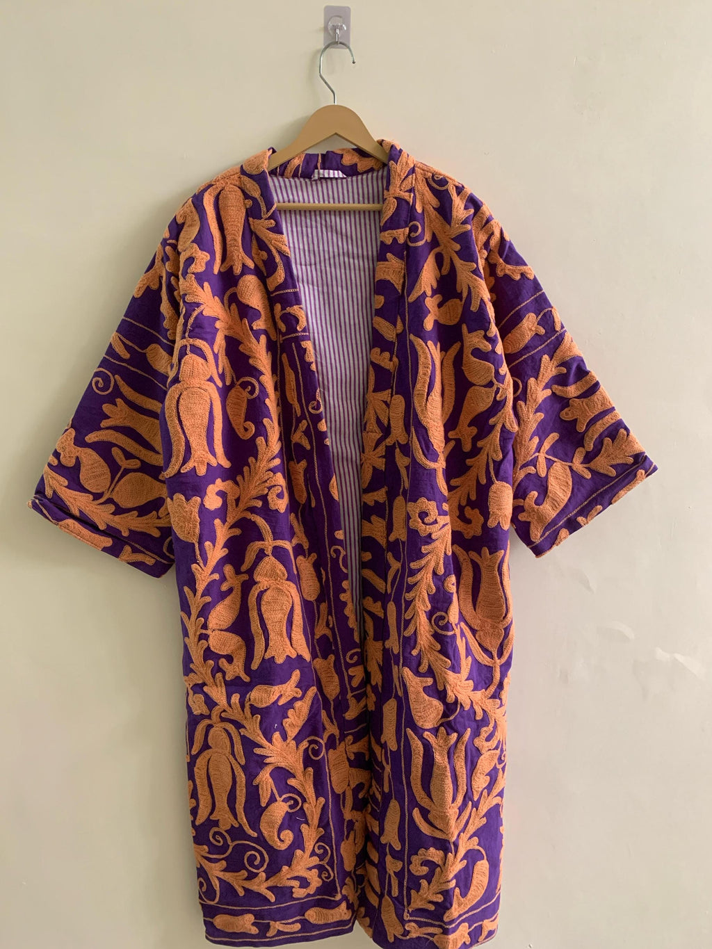 Purple Embroidered Unisex Kimono | Japanese Kimono Jacket | Purple Cotton Canvas Robe | Handmade Boho Duster | Beach Cover Up | Gift for Her
