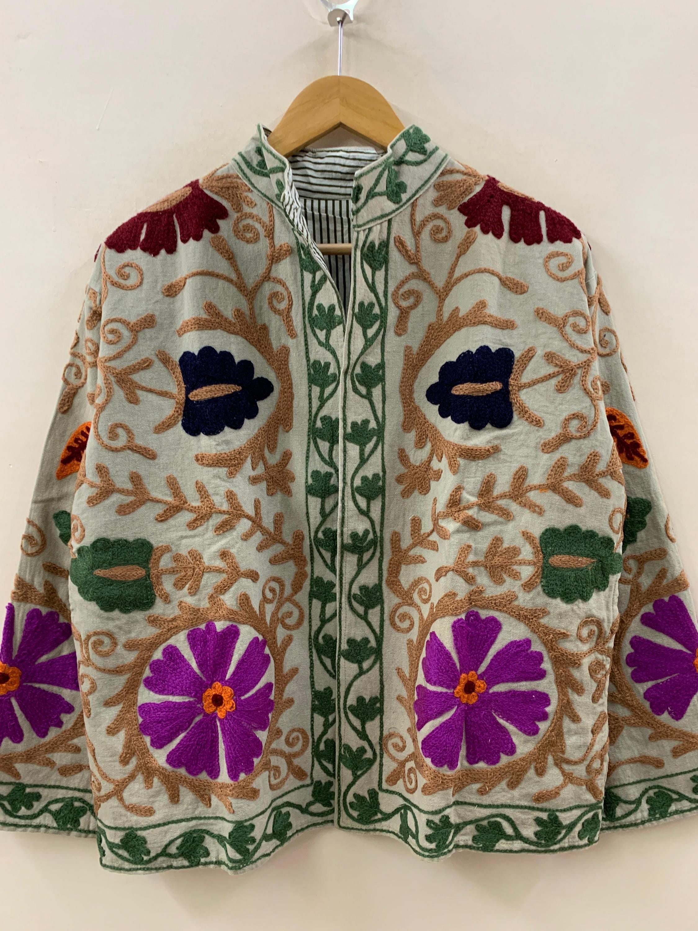 Cotton Suzani Short Floral Jacket – Embroidered Vintage Coat – Tribal Festival Kimono Jacket |Gift For Her | Duster Jacket |Bomber Chic Coat