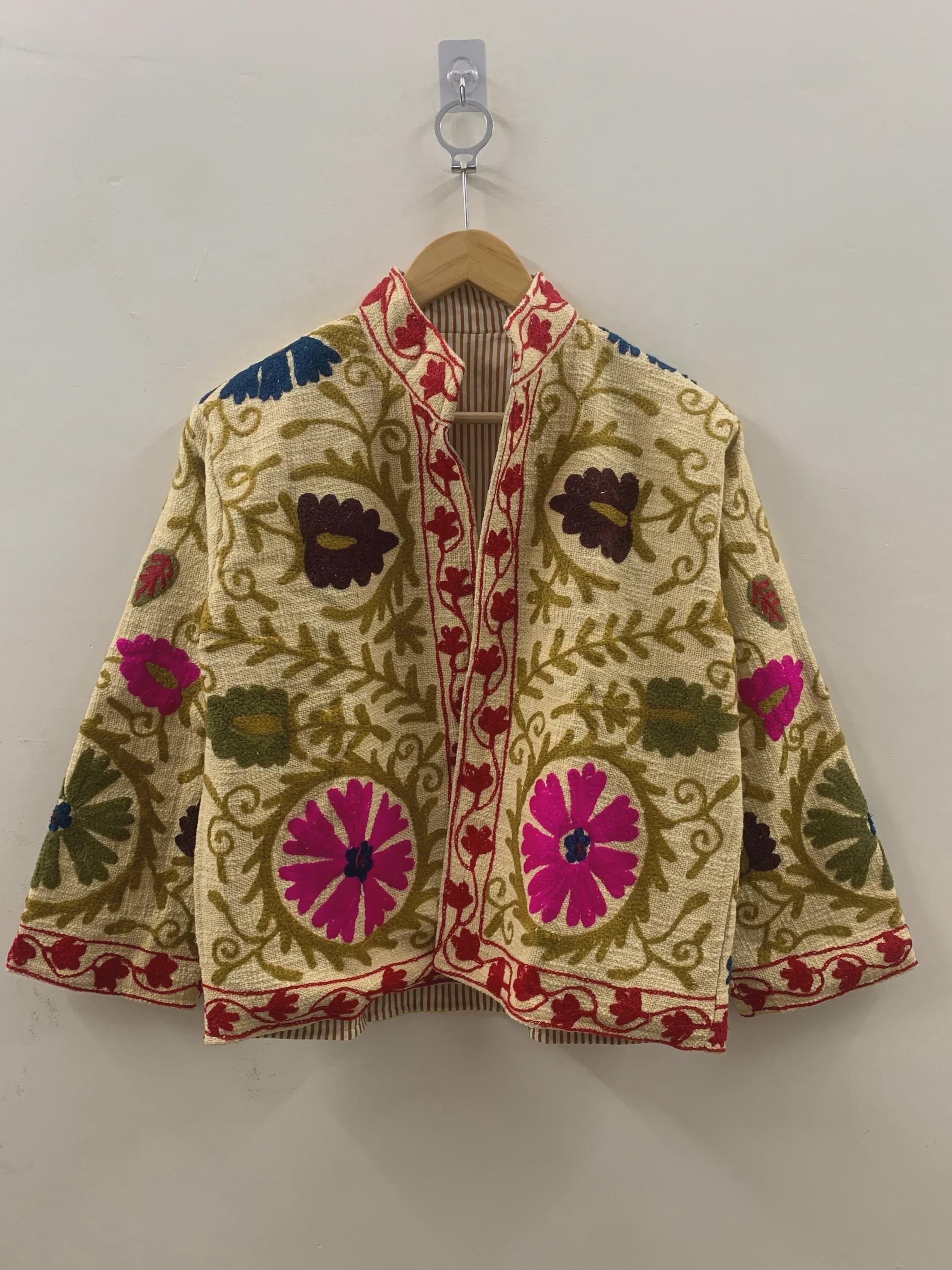 TNT Fabric Suzani Short Jacket | Embroidered Boho Jacket | Vintage Uzbek Textile | Floral Bomber Coat | Bohemian Outerwear | Gift For Her