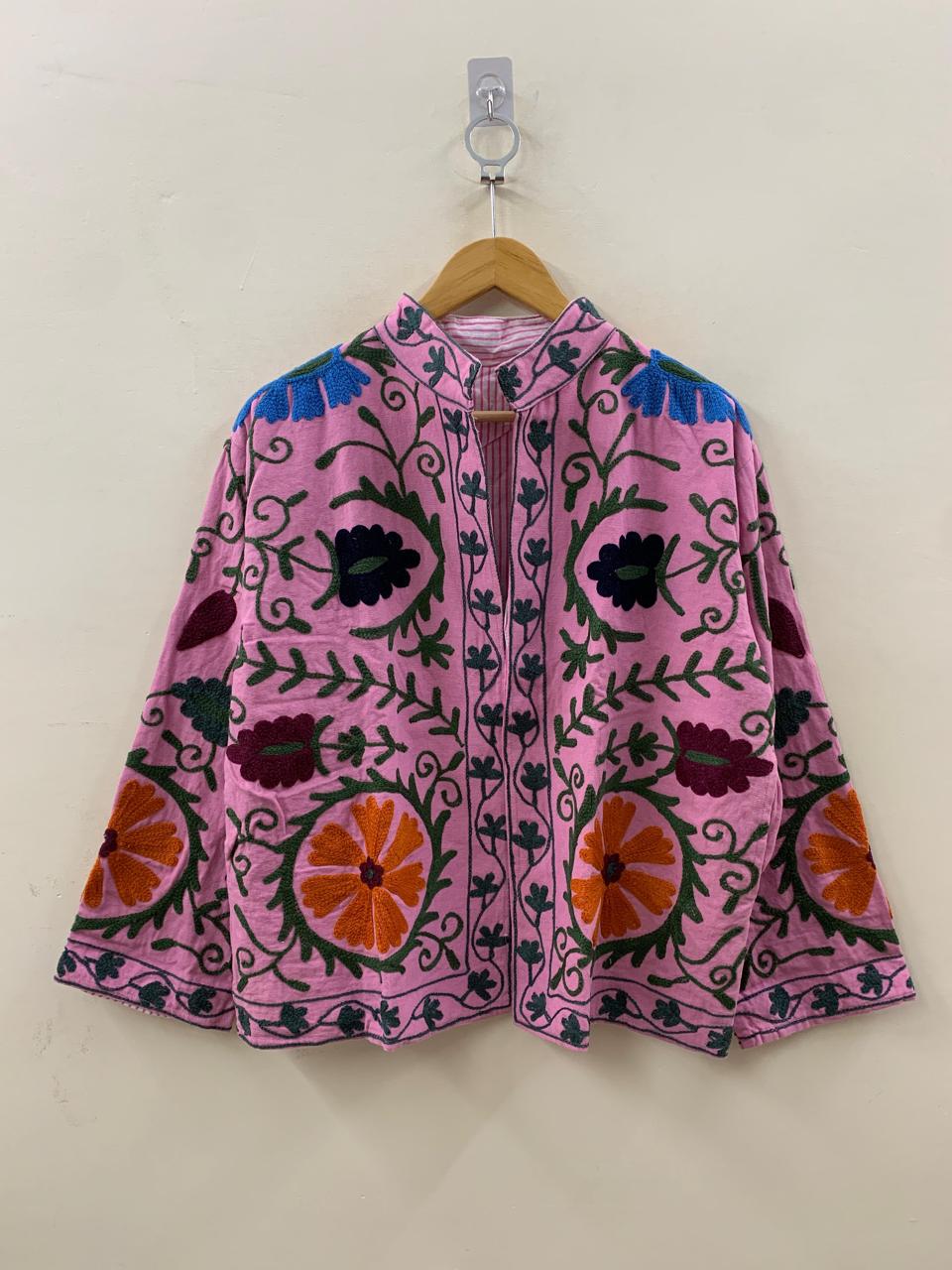 Suzani Cotton Short Coat, Women's Jacket, Indian Cotton Handmade Embroidery Coat, Suzani Cotton Boho Jacket, Gift For Her, Boho Suzani Coat