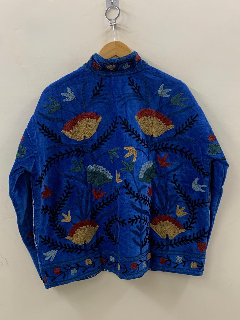 Blue Suzani Velvet Fabric Short Boho Jacket | Long Sleeve Button Winter Coat | Short Jacket | Spring Bomber Jacket | Gift For Her | Coat