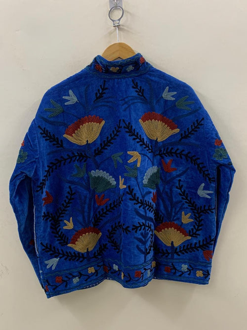Blue Suzani Velvet Fabric Short Boho Jacket | Long Sleeve Button Winter Coat | Short Jacket | Spring Bomber Jacket | Gift For Her | Coat