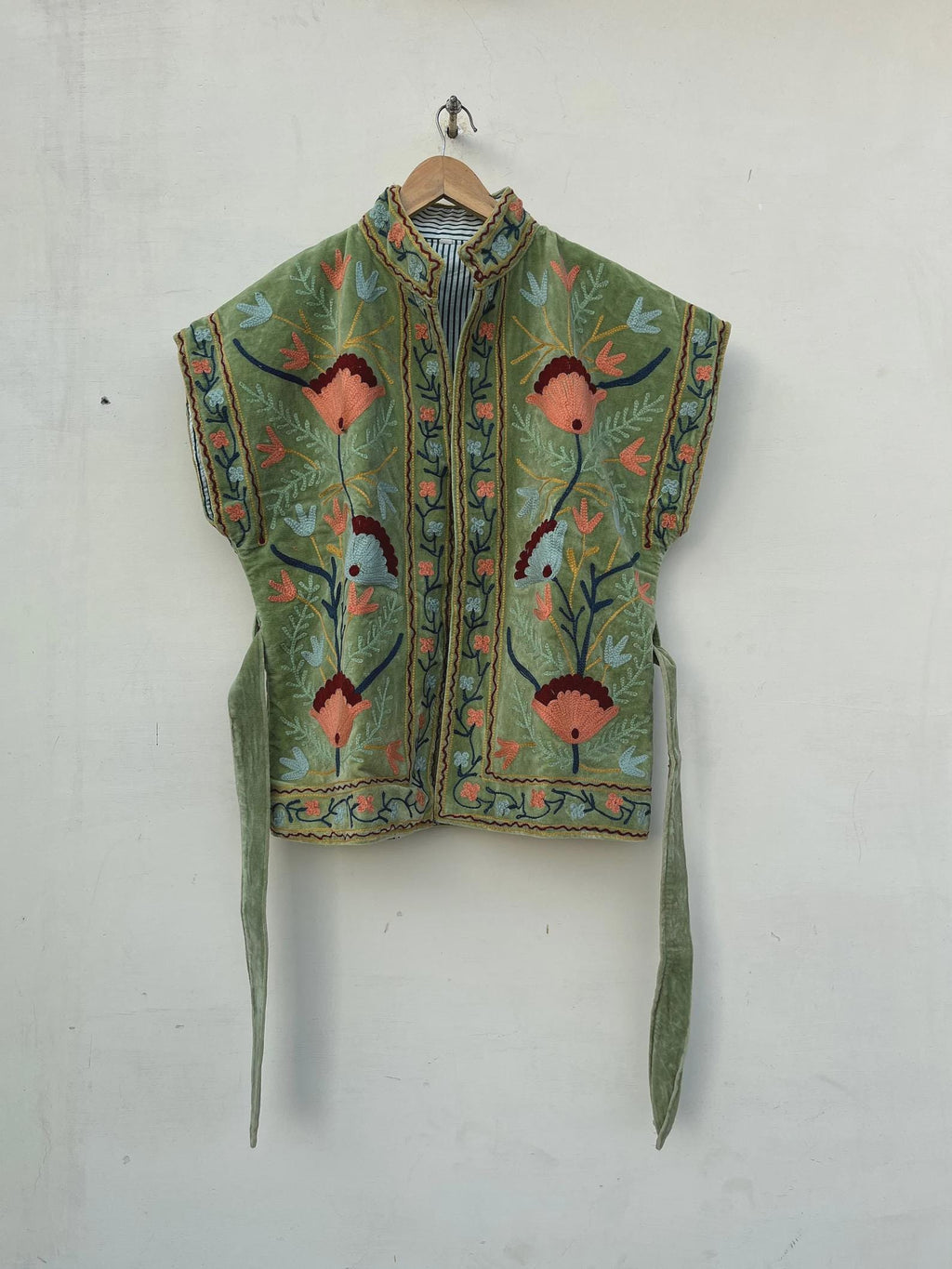 Green Velvet Suzani Embroidered Vest with Belt | Boho Festival Waistcoat | Ethnic Jacket | Sleeveless Bohemian Layer | Gypsy Vest