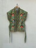 Green Velvet Suzani Embroidered Vest with Belt | Boho Festival Waistcoat | Ethnic Jacket | Sleeveless Bohemian Layer | Gypsy Vest