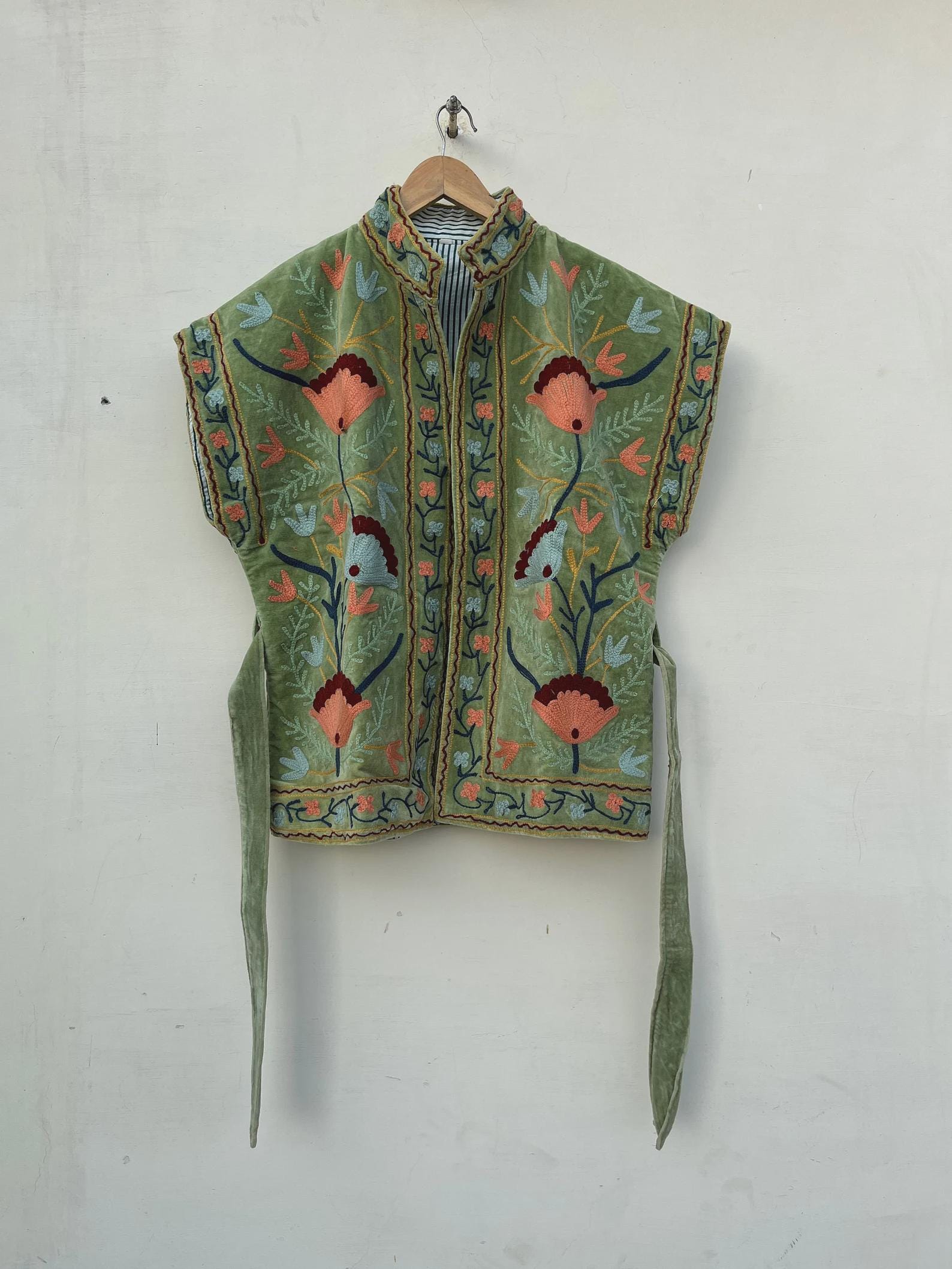 Green Velvet Suzani Embroidered Vest with Belt | Boho Festival Waistcoat | Ethnic Jacket | Sleeveless Bohemian Layer | Gypsy Vest