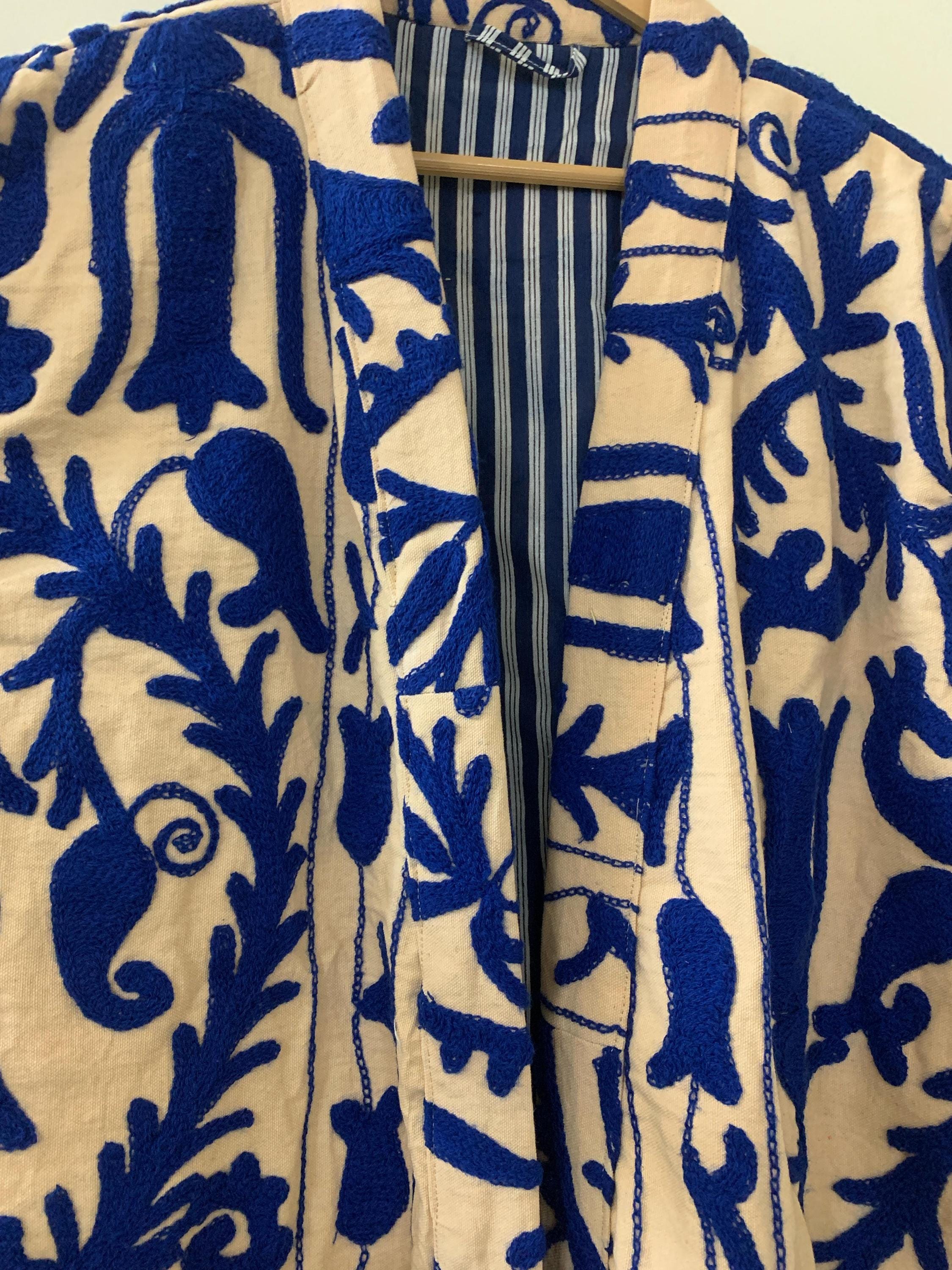 Handmade Cotton Canvas Summer Long Kimono | Embroidered Boho Coat | Festival Kimono | Floral Long Summer Kimono | Gift For Her | Loungewear