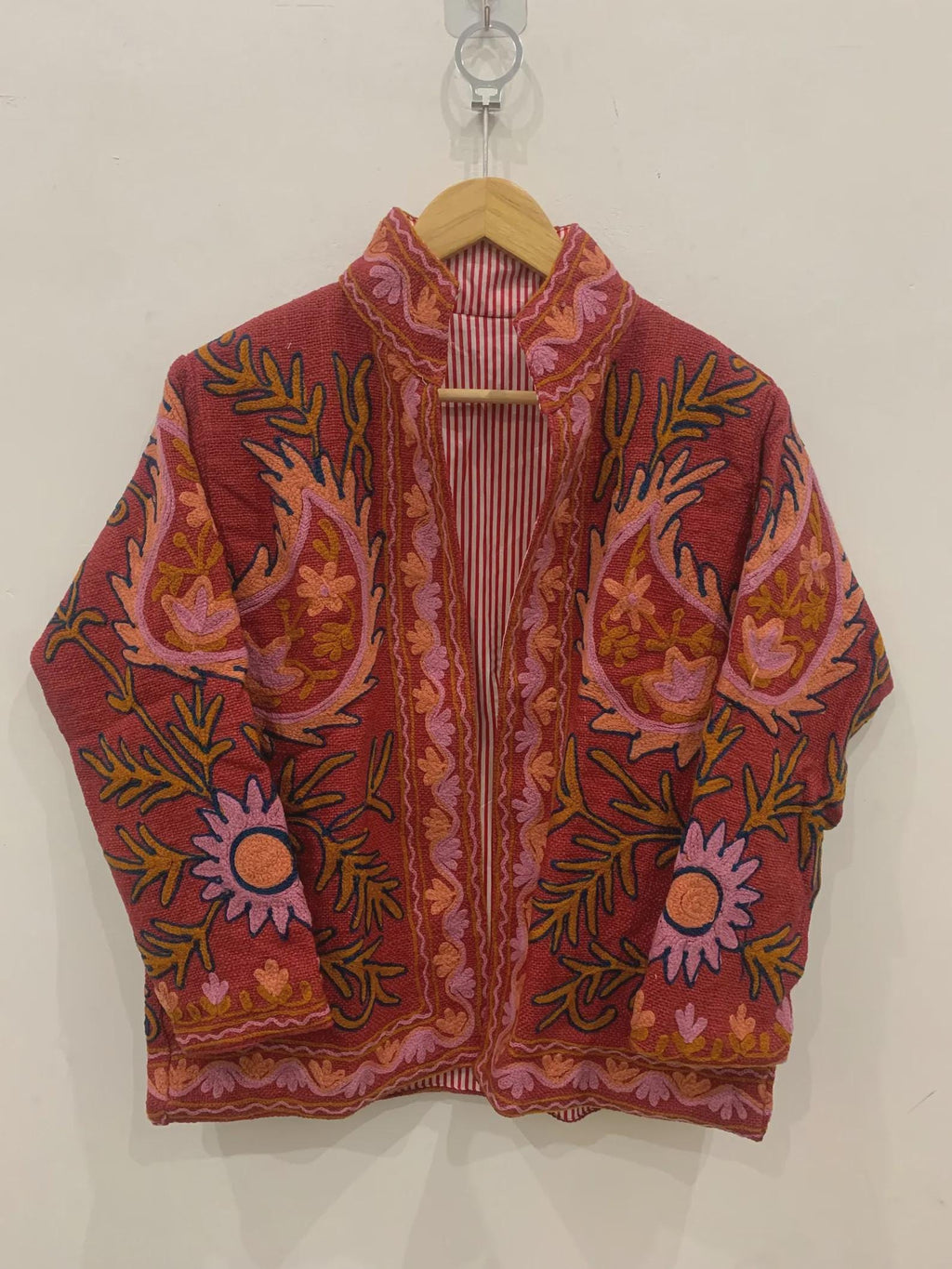 Red Cotton Suzani Hand Embroidered Jacket: Boho Ethnic Clothing, Embroidery Coat, Suzani Cotton Boho Jacket, Gift For Her, Boho Suzani Coat