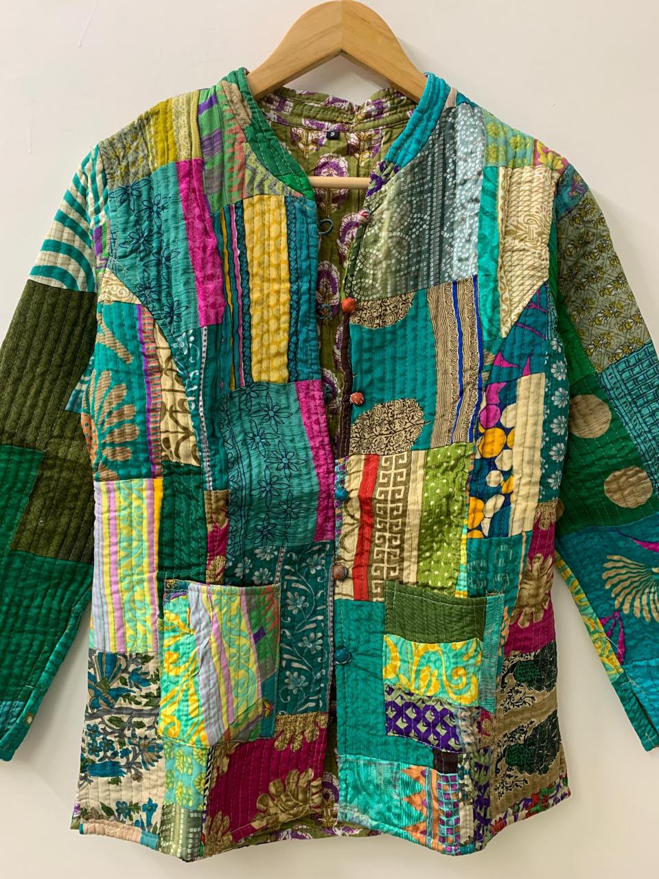 Reversible Silk Patchwork Kantha Jacket Blazer | Buttoned Boho Quilted Coat | Handmade Vintage Fabric Jacket | Bohemian Outerwear |Gift idea