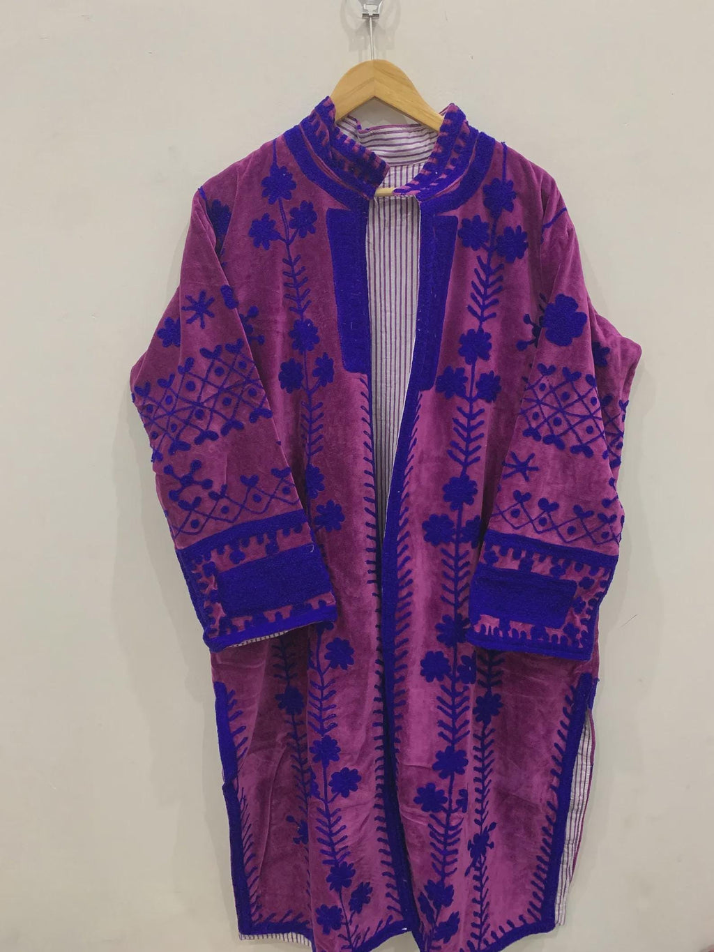 Purple Suzani Kimono Robe Long Boho Jacket | Vintage Embroidered Uzbek Textile Coat