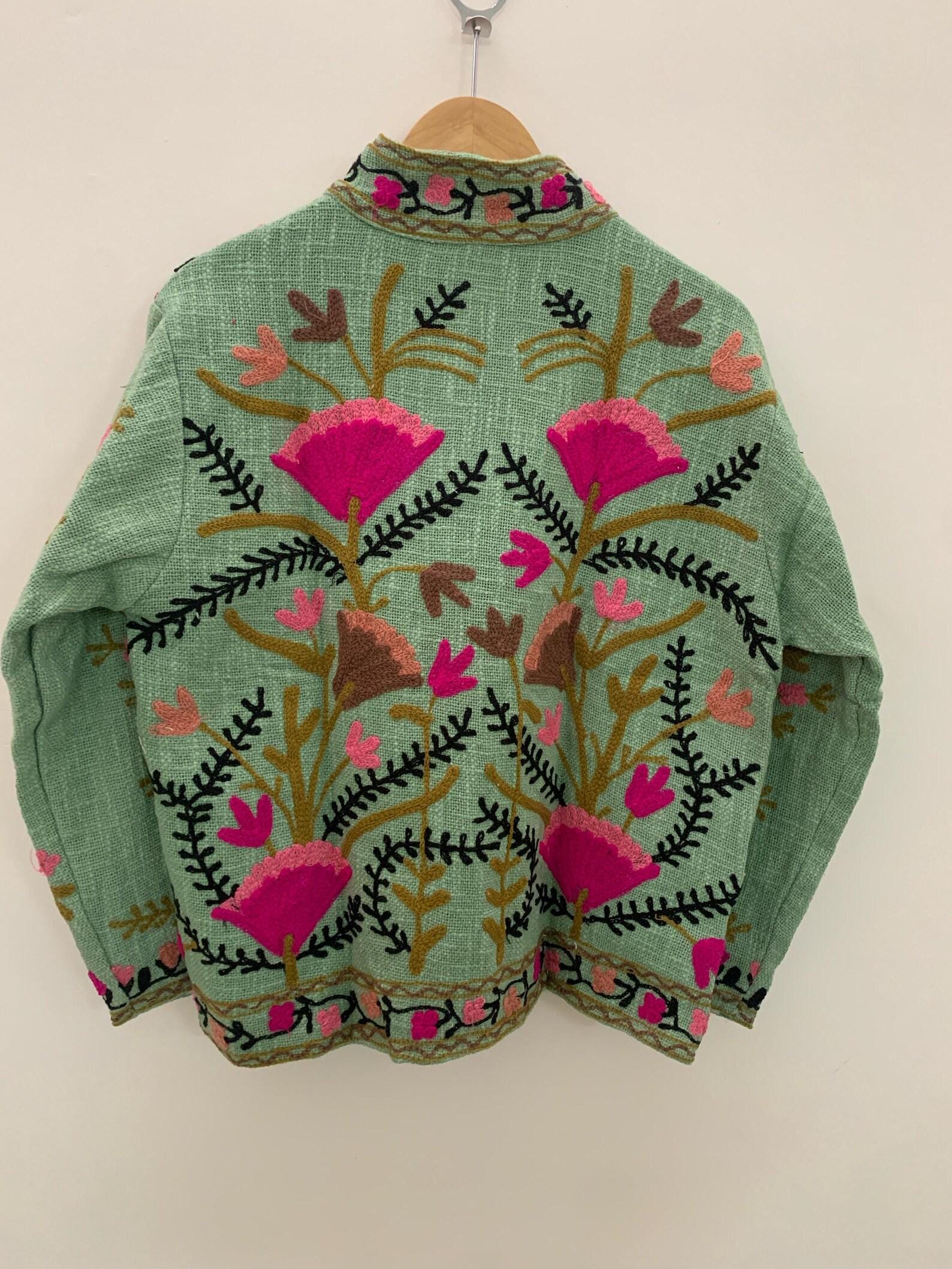 Green TNT Fabric Suzani Embroidery Quilted Jacket, Winter Wear Duster Jacket, Women's Coat