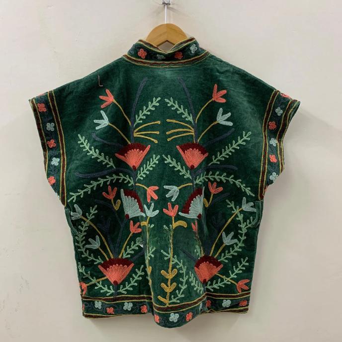 Green Velvet Suzani Vest | Embroidered Boho Waistcoat | Sleeveless Ethnic Jacket | Bohemian Festival Vest | Gypsy Style Vest | Gift for Her