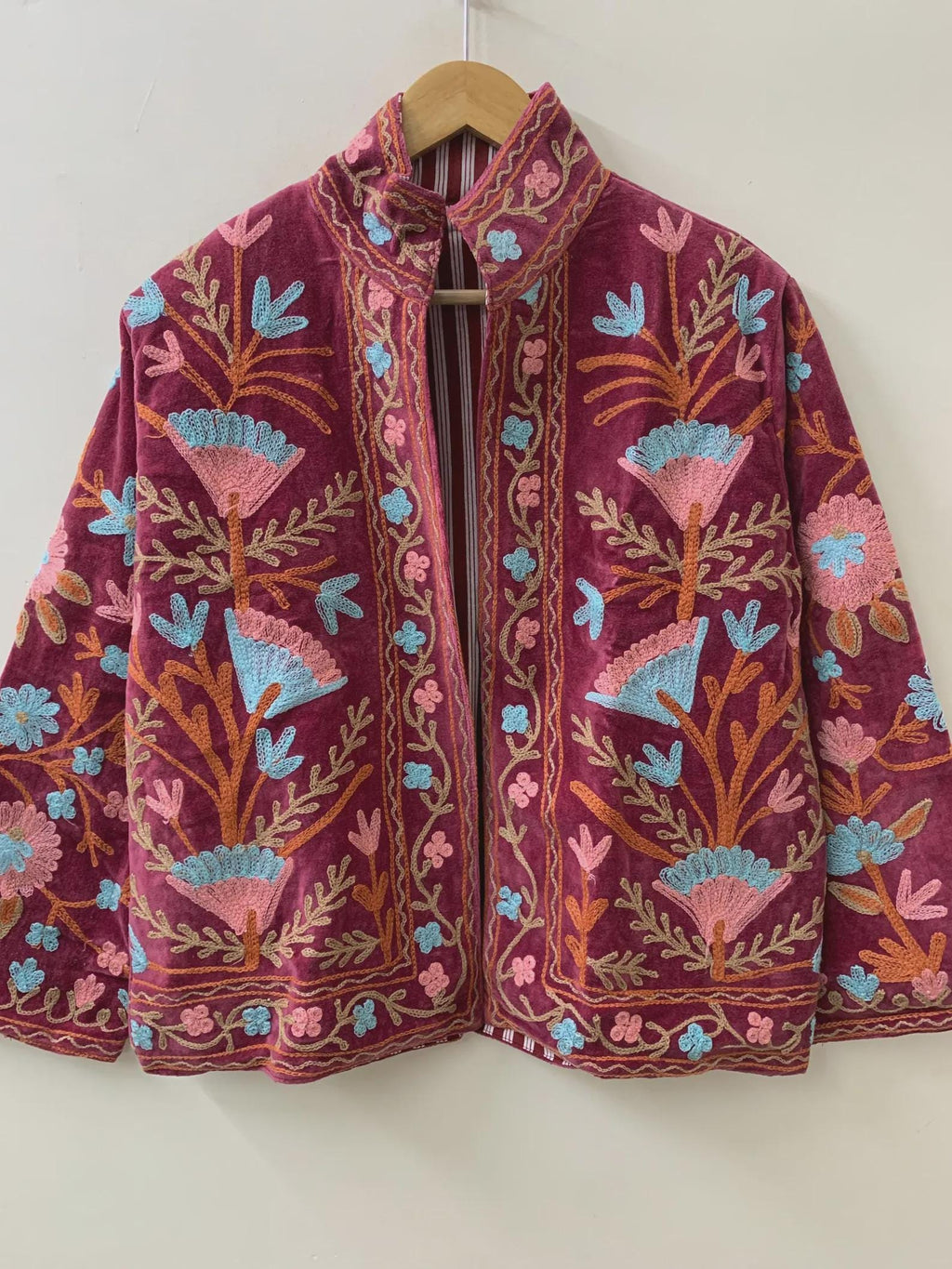 Maroon Soft Velvet Suzani Winter Short Jacket | Winter Handmade Jacket | Embroidered Jacket Coat | Velvet Jacket | Suzani Coat | One Size