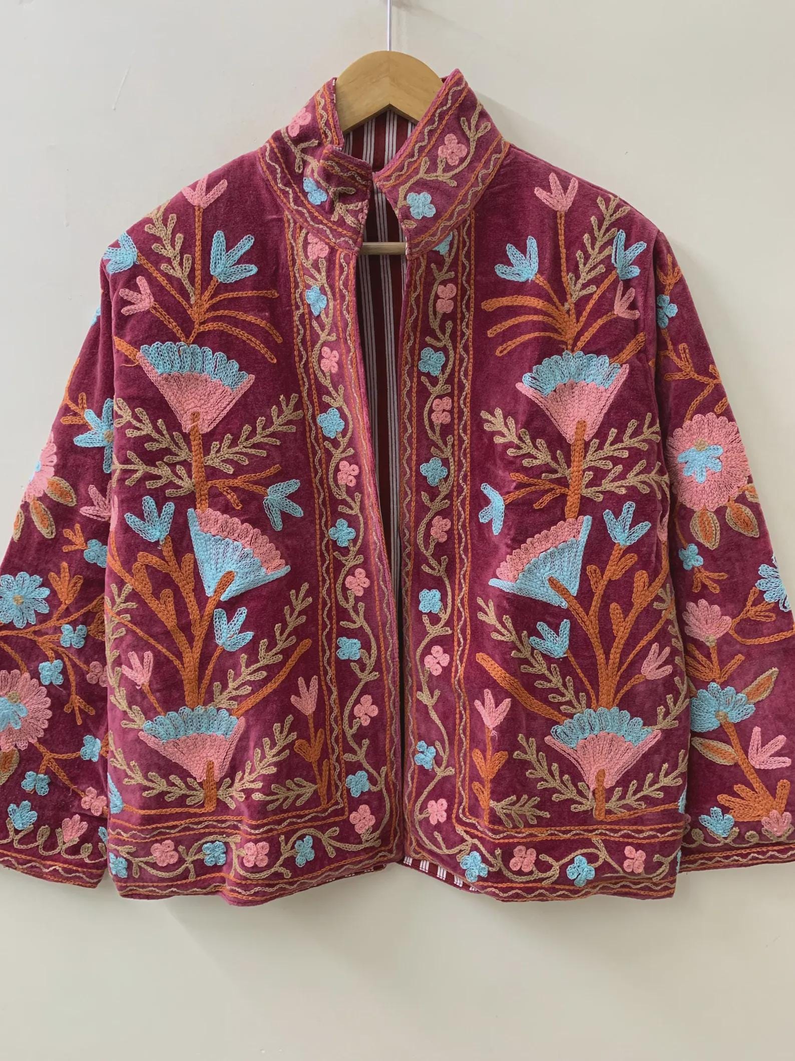 Maroon Soft Velvet Suzani Winter Short Jacket | Winter Handmade Jacket | Embroidered Jacket Coat | Velvet Jacket | Suzani Coat | One Size