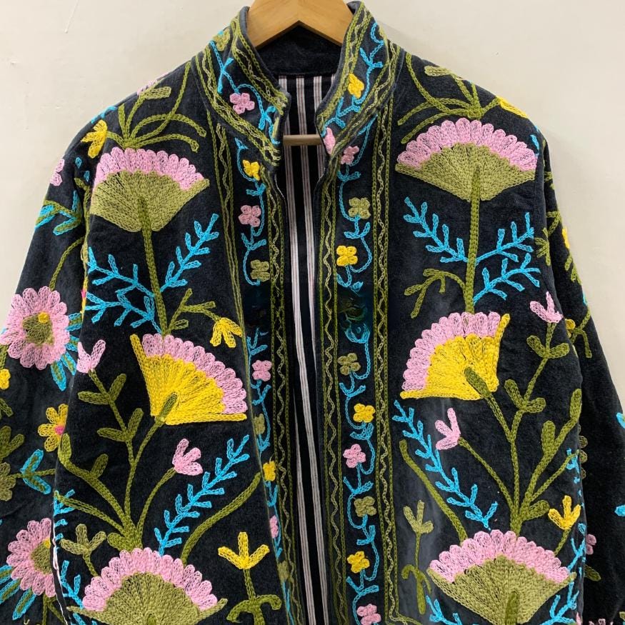 Hand Embroidered Black Suzani Velvet Jacket | Winter Women’s Coat | Indian Duster Jacket | Boho  Winter Jacket Outerwear | Gift for Her