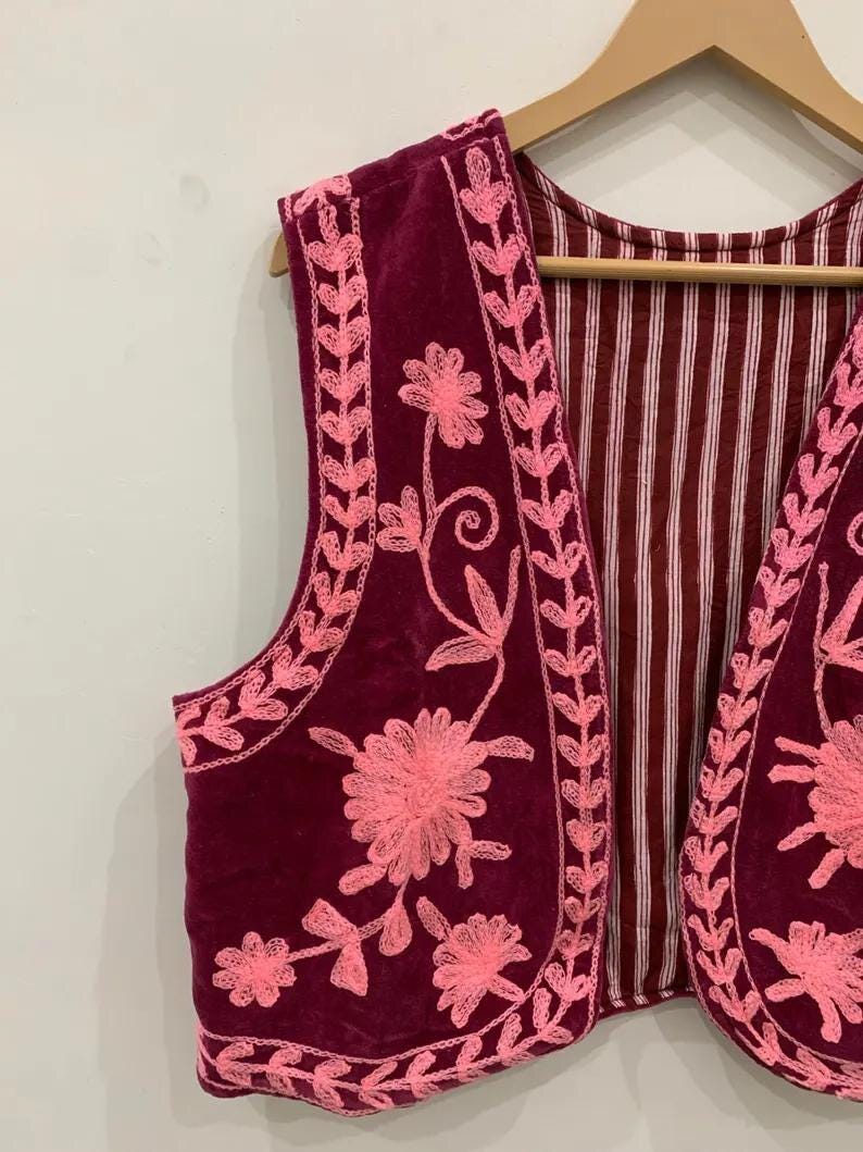 Boho Velvet Vest | Handmade Embroidered Waistcoat | Indian Ethnic Sleeveless Jacket | Cotton Lined | Festival Layered Waistcoat