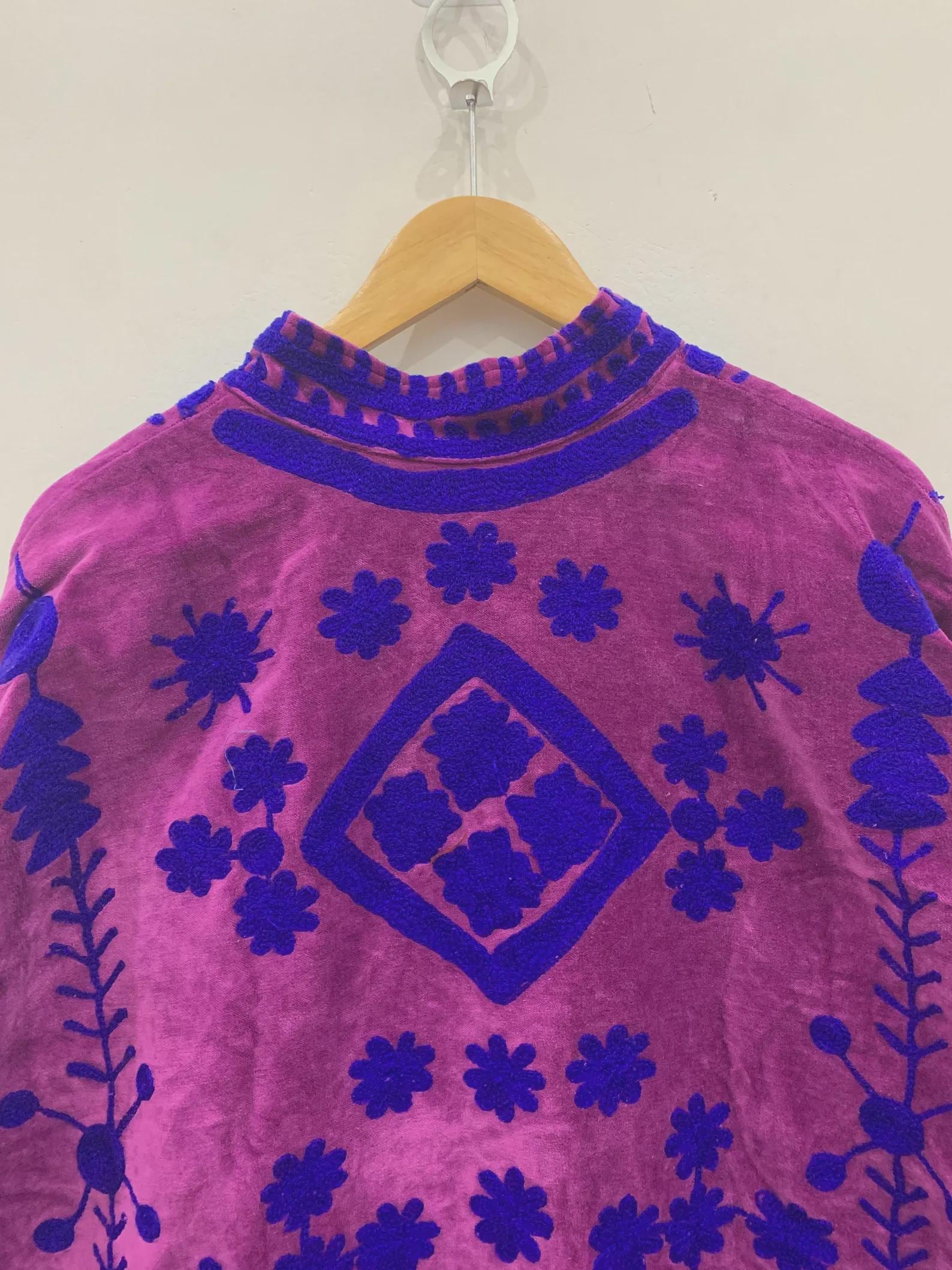 Purple Suzani Kimono Robe Long Boho Jacket | Vintage Embroidered Uzbek Textile Coat