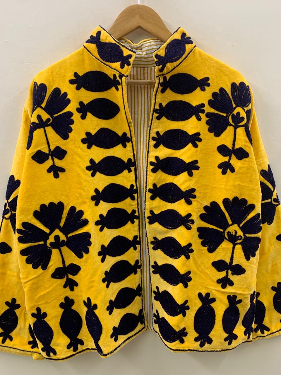 Mustard Velvet Embroidered Suzani Jacket |Bohemian Duster Coat | Women Suzani Coat |Embroidered Suzani Jacket, Robe |Gift For Her |Boho coat