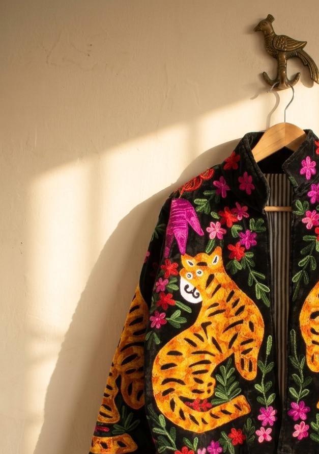 Handmade Velvet Suzani Jacket | Tiger Floral Embroidery Jacket  | Bohemian Coat | Warm Winter Coat | Artisanal Outerwear | Gift For Her