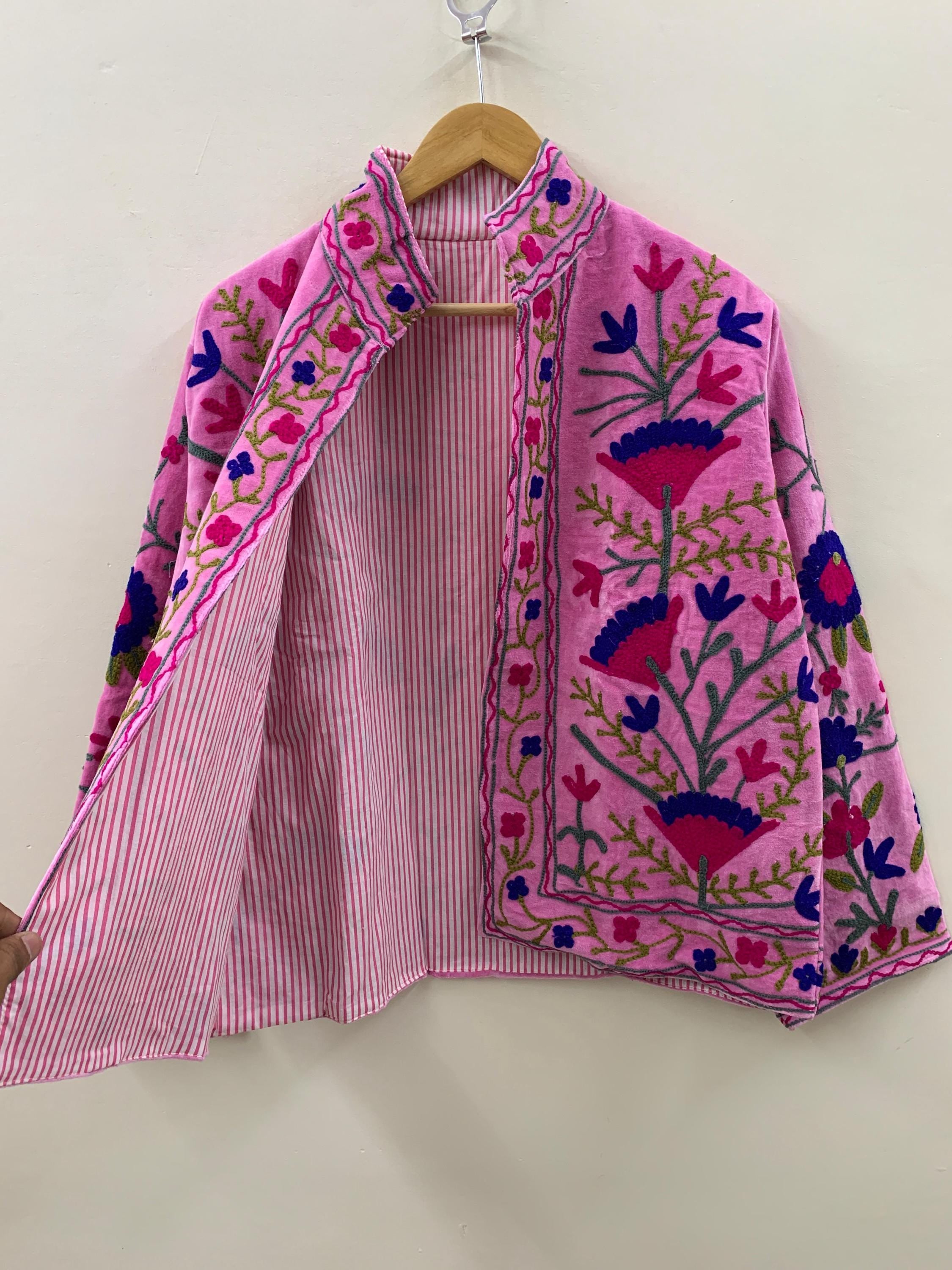 Floral Suzani Embroidered Velvet Jacket | Handmade Short Festival Coat | Ethnic Bohemian Outerwear | Winter Kimono Jacket | Gift For Wife