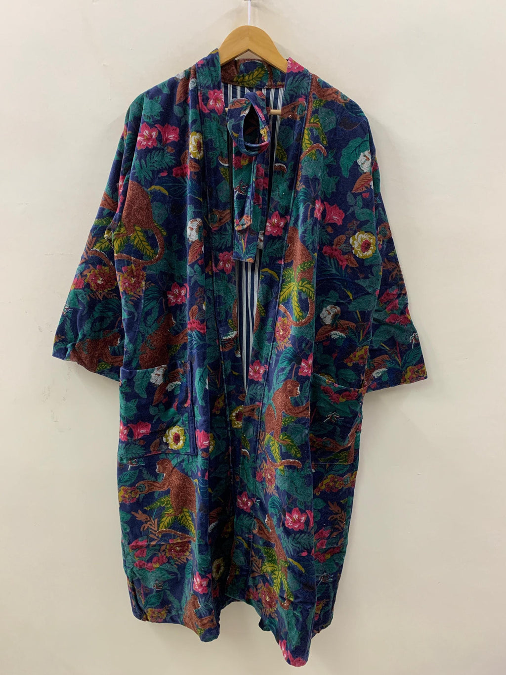 Green Jungle Velvet Kimono Robe | Tropical Animal Print Loungewear | Cheetah & Bird Pattern |Safari Dressing Gown with Belt | Women's Kimono