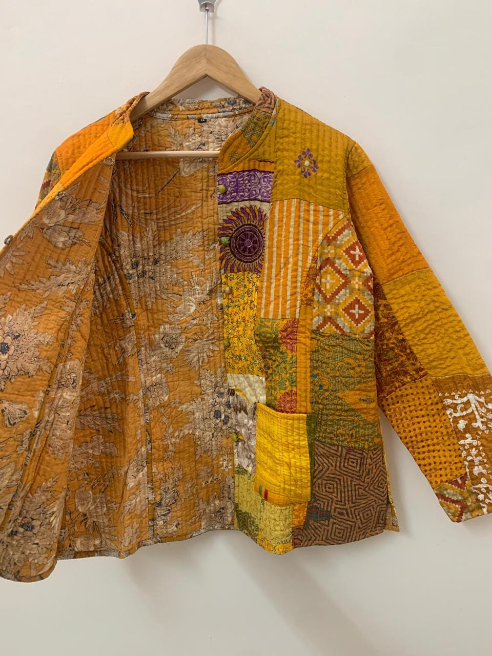 Boho Mustard Silk Quilted Patchwork Jacket | Style Wearable Art | Statement Layer Jacket | Kantha Coat | Short Jacket | Winter Wear Jacket