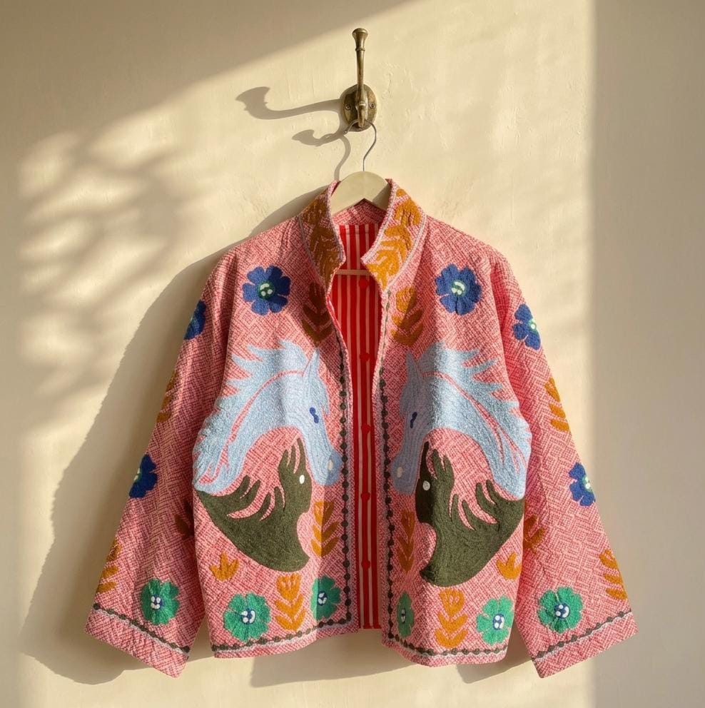Handmade Suzani Horse Embroidery Cotton Jacket |Warm Winter Coat | Kimono Style Jacket | Gift For Her | Festival Outfit |Artisanal Outerwear