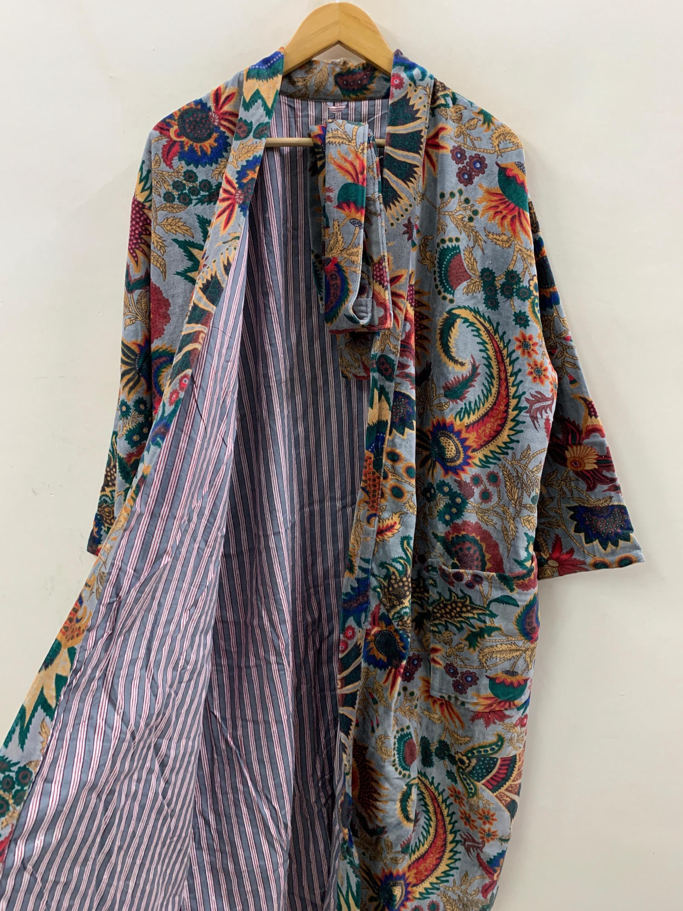 Boho Velvet Kimono Robe Colorful Paisley Floral Lounge Wear | Soft Velvet Dressing Gown | Women's Bohemian Robe with Belt | Festival Kimono