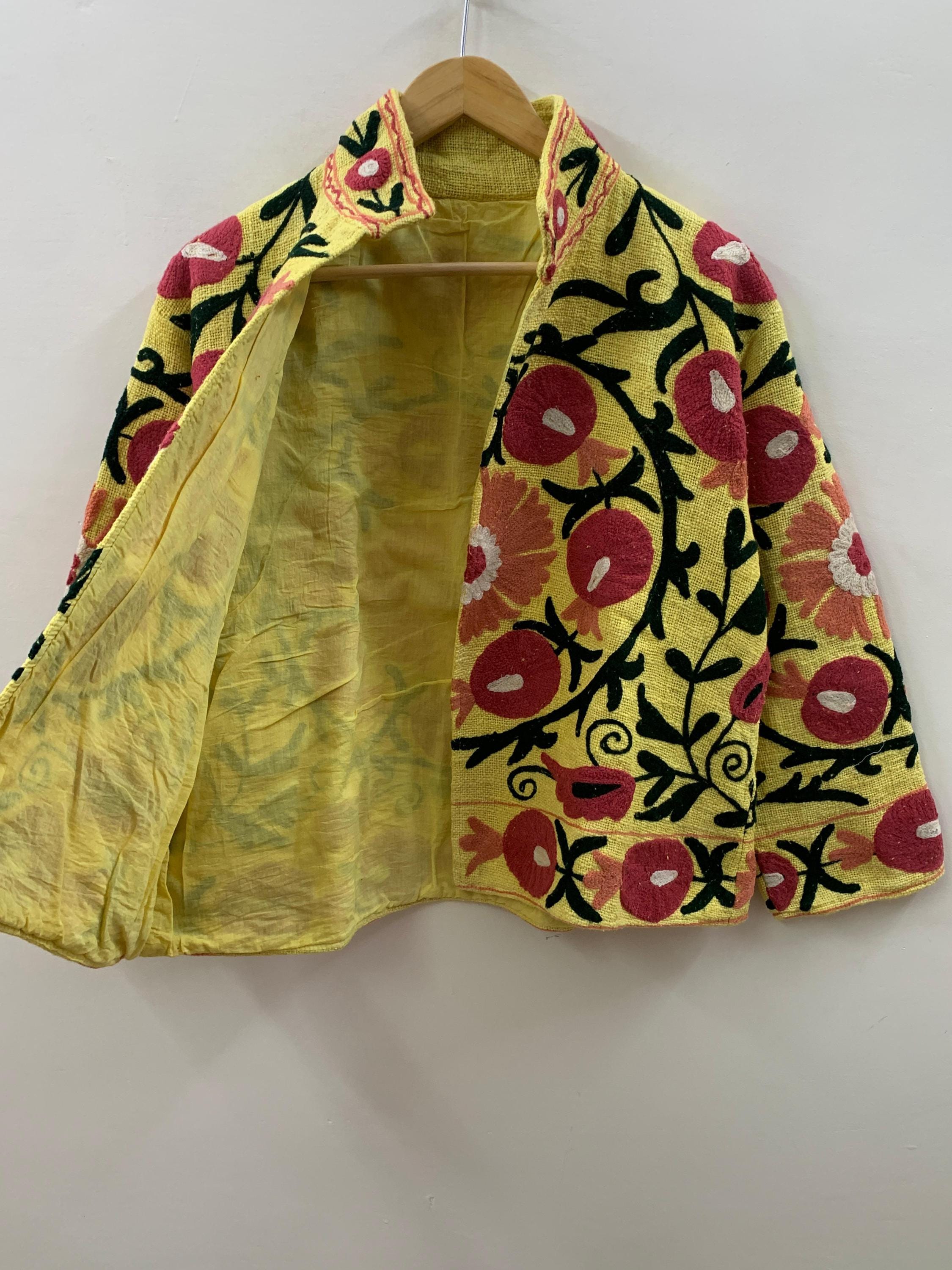 Yellow Suzani TNT Fabric Spring Jacket | Duster TNT Jacket | Button Winter Outerwear Jacket |Spring Bomber Coat| Gift For Her | TNT Coat