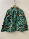 Green Suzani TNT Fabric Short Boho Jacket | Long Sleeve Button Winter Coat | Short Jacket | Spring Bomber Jacket | Gift For Her | TNT Coat