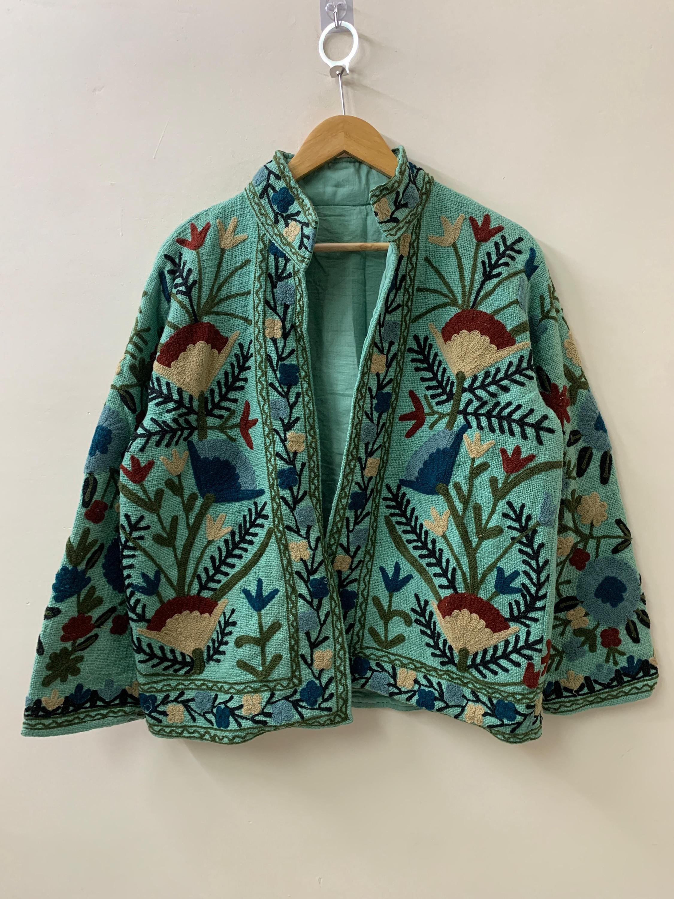 Green Suzani TNT Fabric Short Boho Jacket | Long Sleeve Button Winter Coat | Short Jacket | Spring Bomber Jacket | Gift For Her | TNT Coat