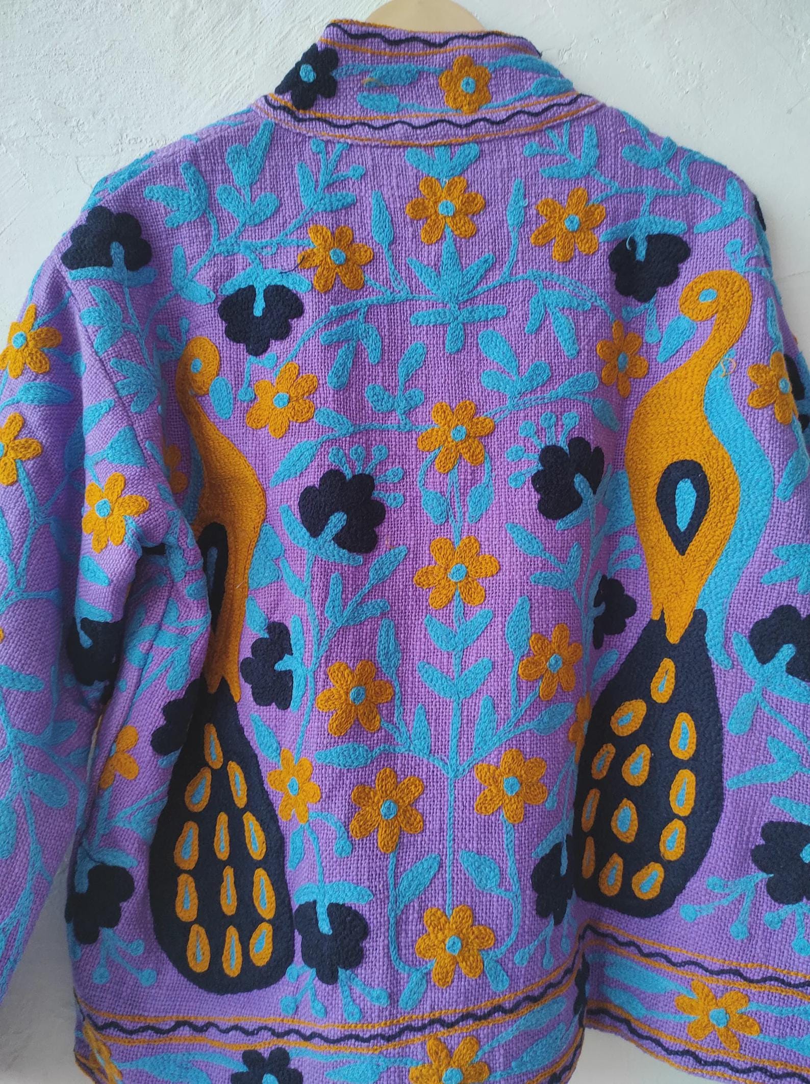 Vintage Cotton Suzani Jacket – Embroidered Peacock Floral Boho Coat