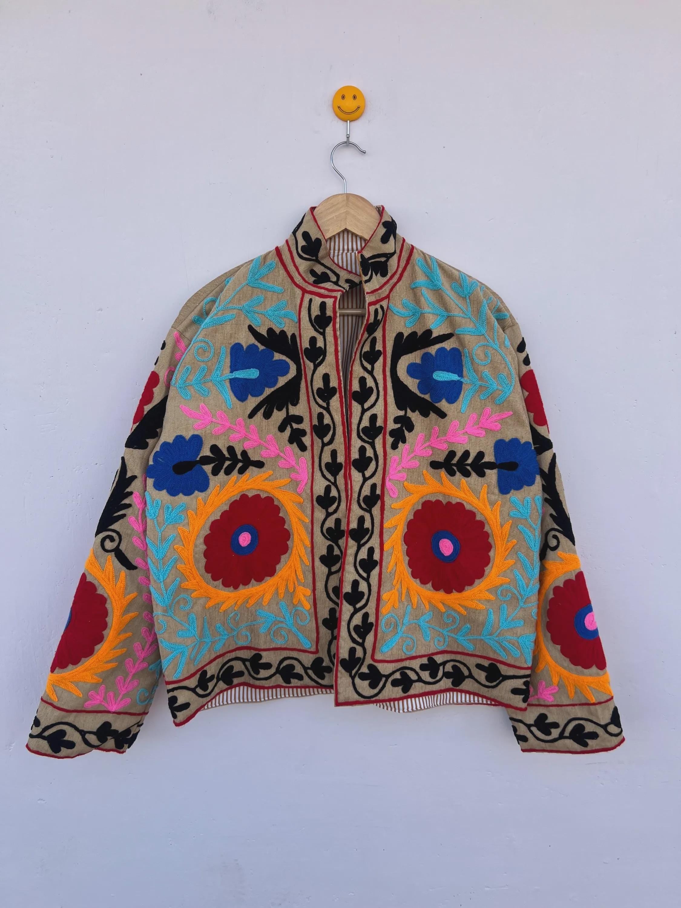 Handmade Suzani Jacket | Red Embroidered Uzbek Textile, Boho Bomber, Outerwear |Gift For Her