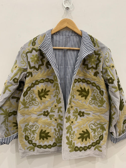 Beige Velvet Floral Suzani Embroidered Jacket |Women's Jacket | Embroidery Short Coat | Winter Coat | Winter Kimono Jacket |Gift For Her