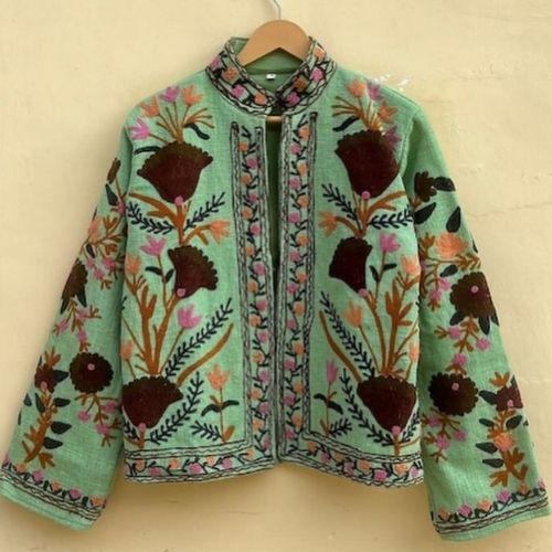 Green Suzani TNT Fabric Short Boho Jacket | Long Sleeve Button Winter Coat | Short Jacket | Spring Bomber Jacket | Gift For Her | TNT Coat