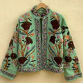 Green Suzani TNT Fabric Short Boho Jacket | Long Sleeve Button Winter Coat | Short Jacket | Spring Bomber Jacket | Gift For Her | TNT Coat