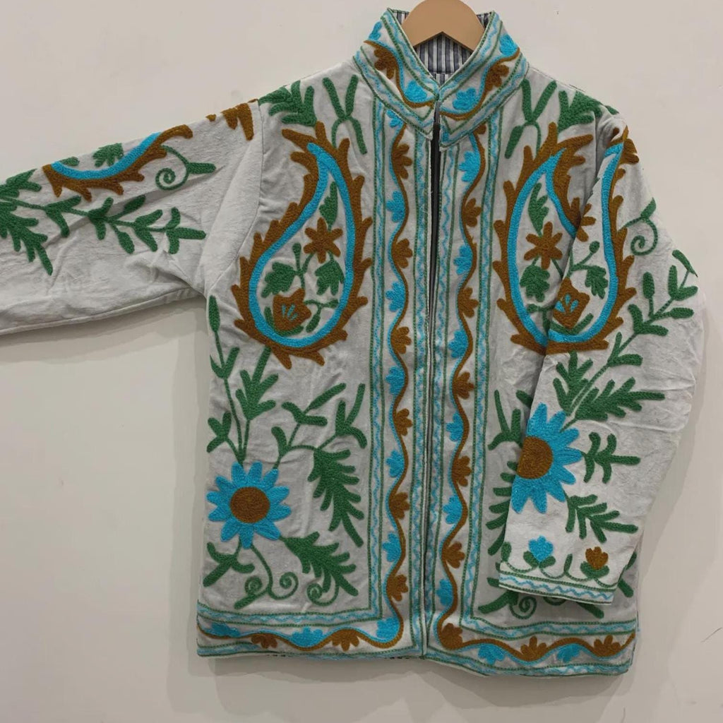 Velvet Suzani Embroidered Jacket – Handcrafted Floral Pattern with Lining And Handmade Buttons, Women's Wear Gift For Her - Duster Jacket