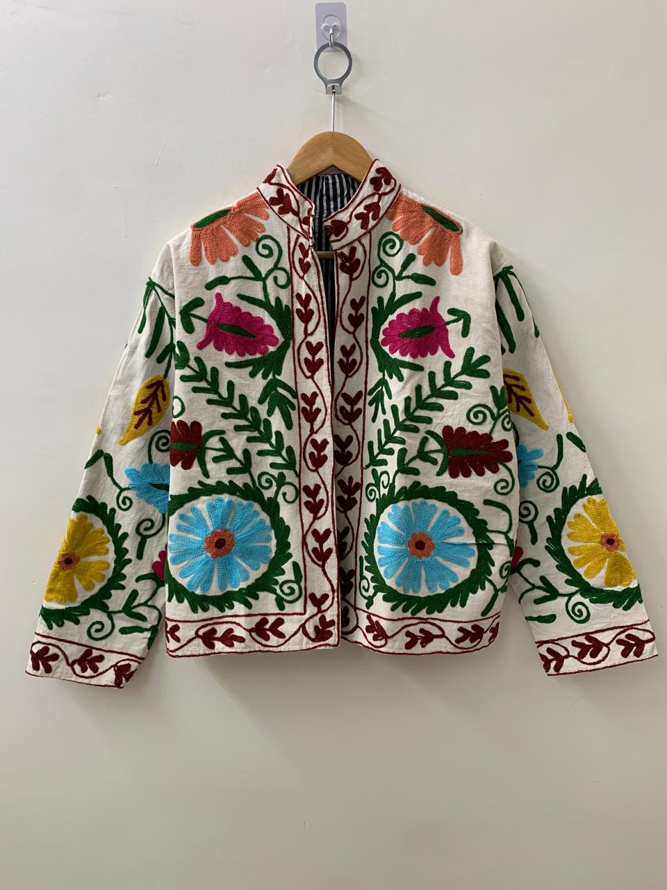 White Floral Velvet Suzani Embroidery Jacket |Suzani Duster Jacket | Winter Kimono Jacket |Bomber Coat, Gift For Her | Street Fashion Jacket