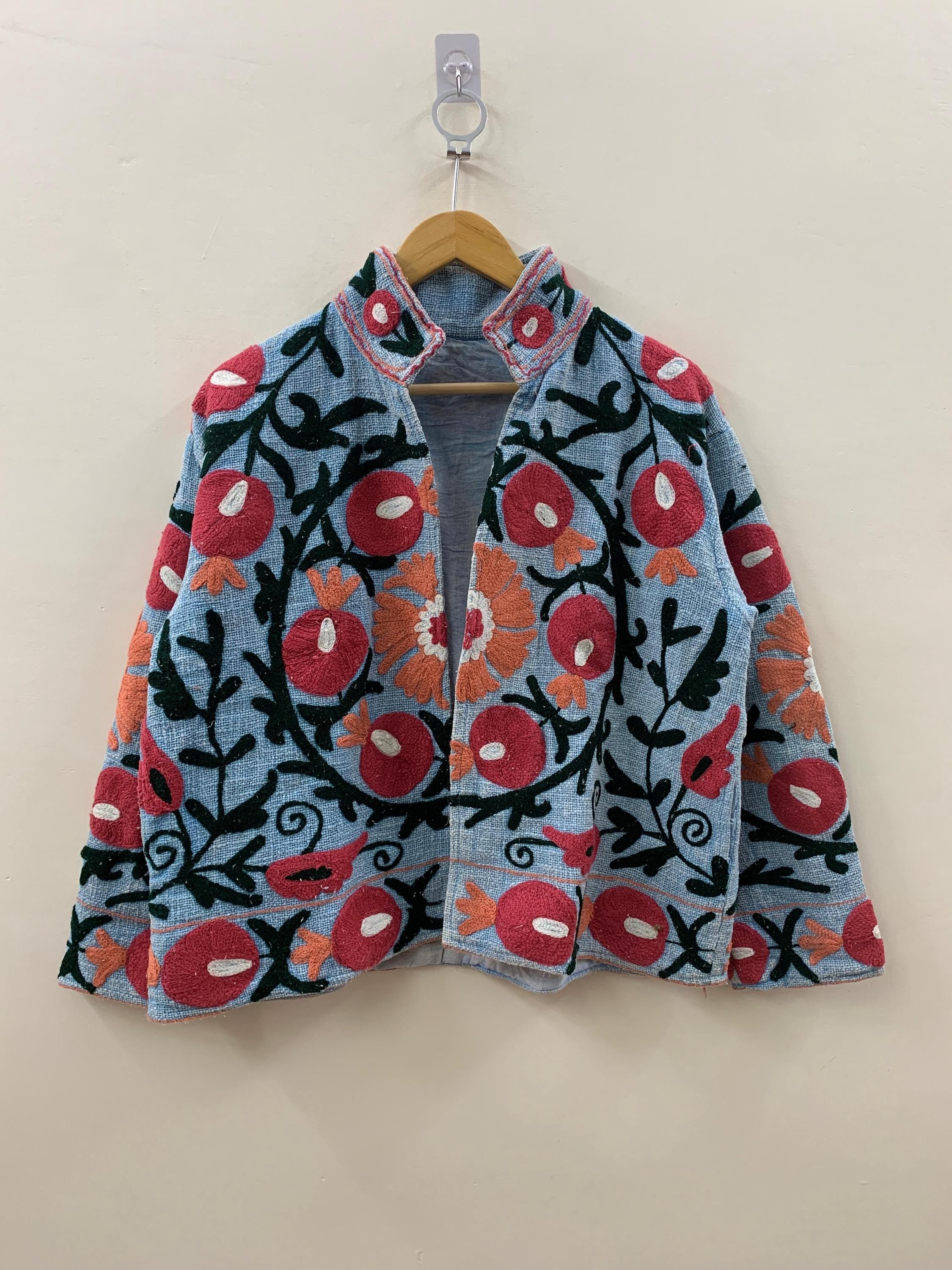 Grey Floral Suzani TNT Fabric Short Jacket | Long Sleeve Button Winter Coat | Short Jacket | Spring Bomber Jacket | Gift For Her | TNT Coat