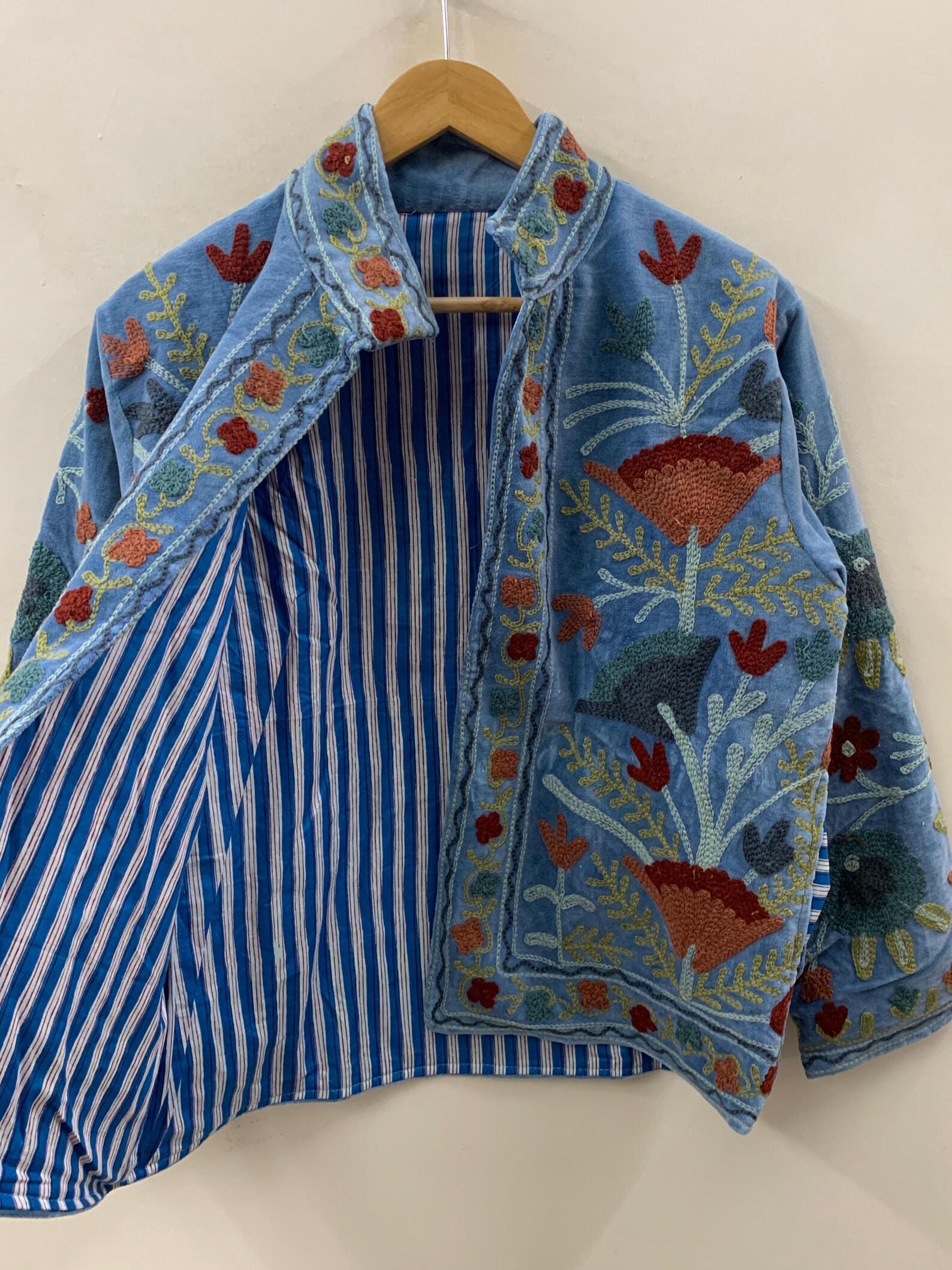 Boho Suzani Velvet Short Jacket | Vintage Button Winter Coat | Short Ethnic Jacket | Spring Bomber Jacket | Gift For Her | Suzani Outerwear